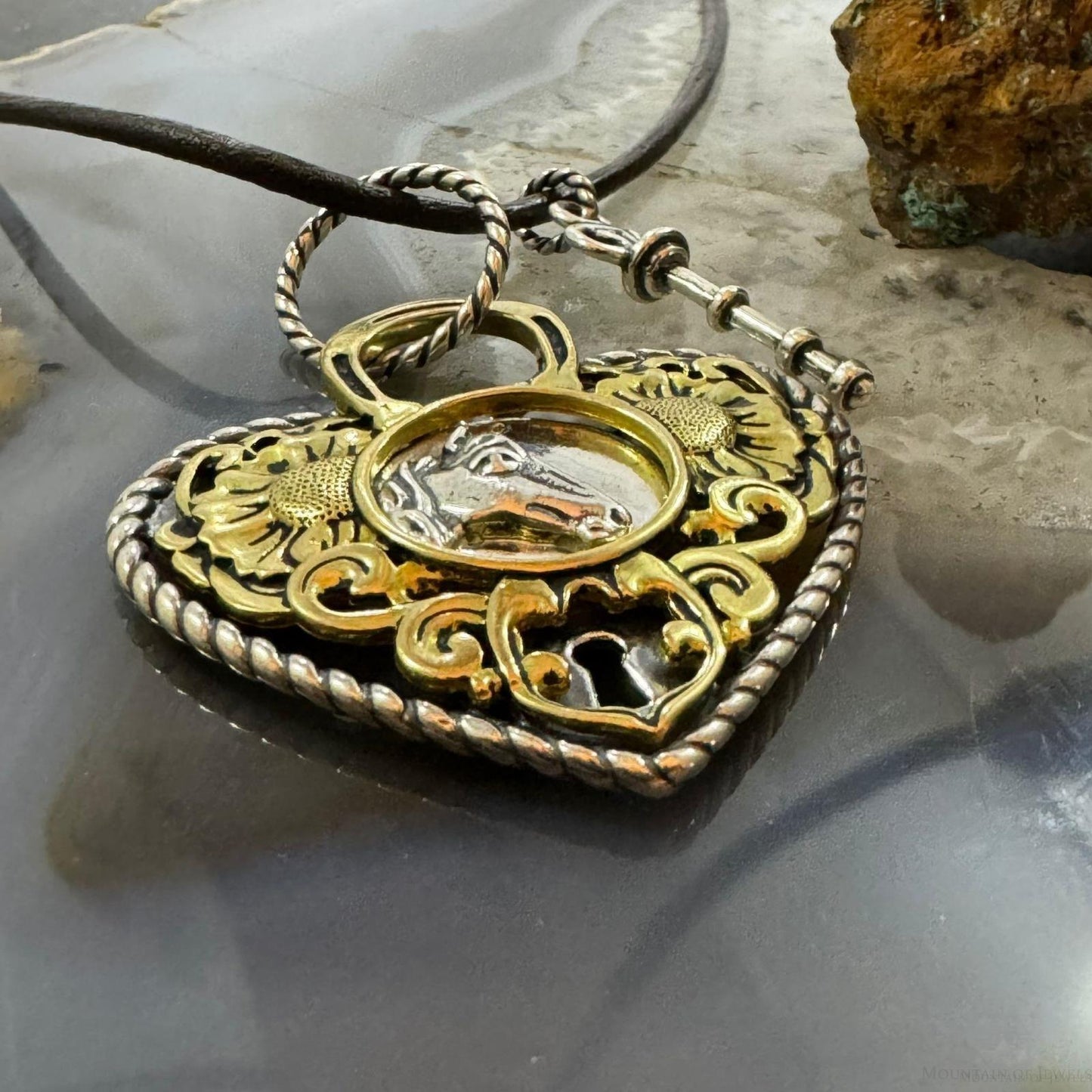 Carolyn Pollack Sterling Silver & Brass Heart & Key w/Horse Decorated Pendant For Women