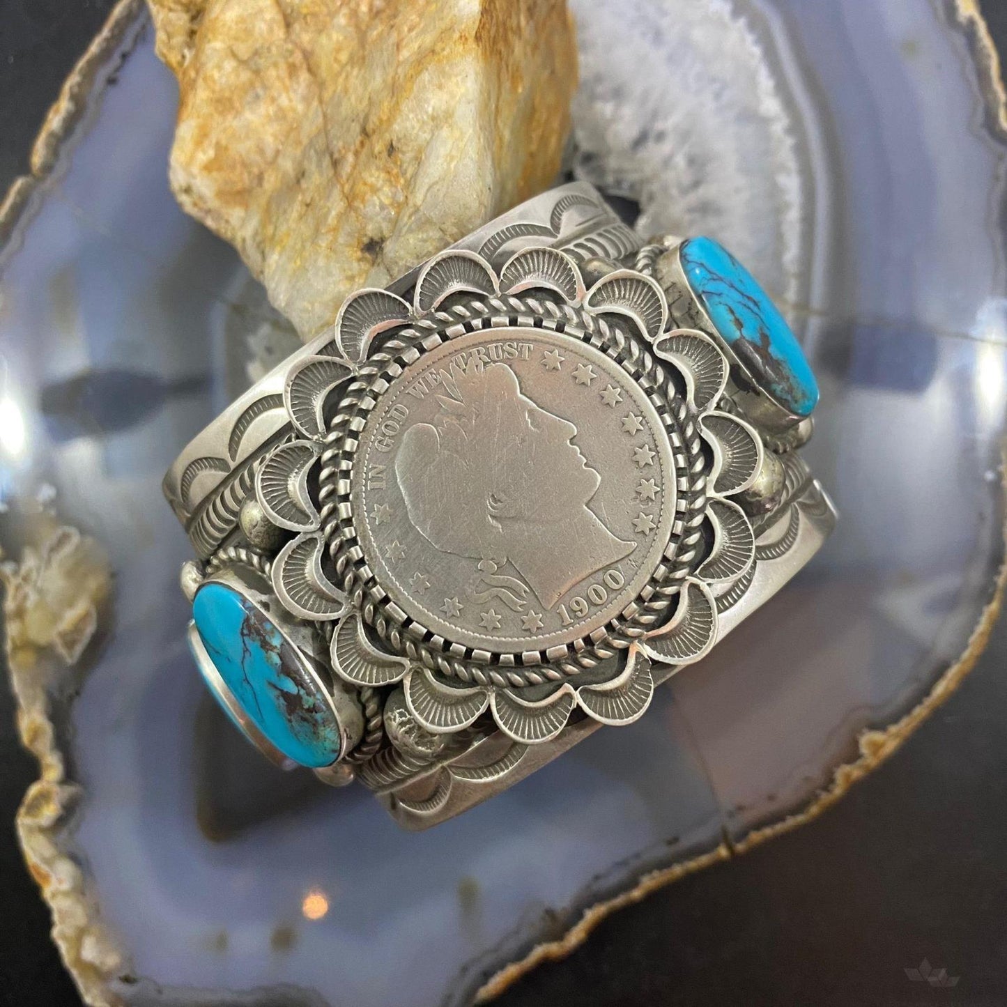 Alex Sanchez Sterling Silver Barber Head Half Dollar & 4 Oval Turquoise Bracelet For Women
