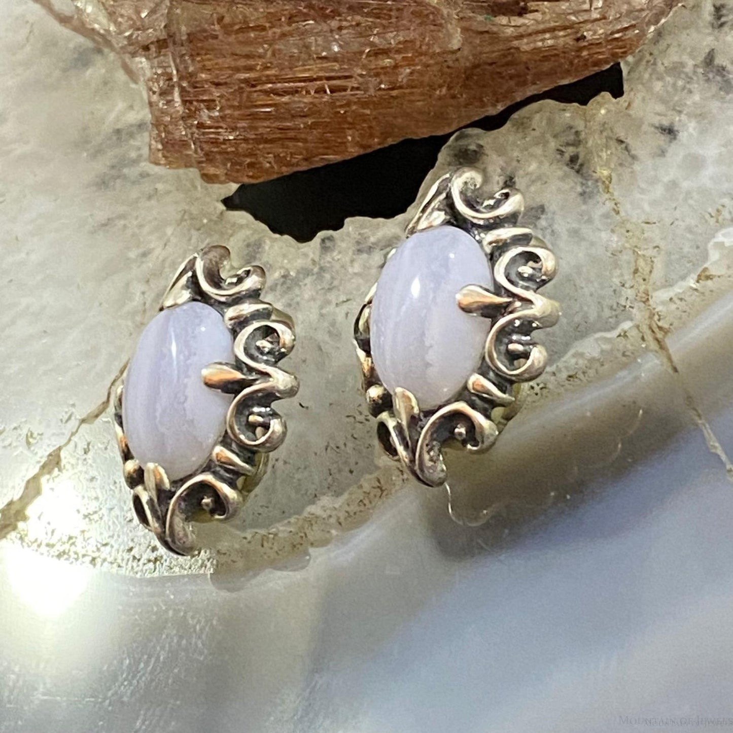 Carolyn Pollack Sterling Silver Oval Blue Lace Agate Decorated Clip-On Earrings For Women