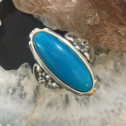 Carolyn Pollack Sterling Silver Elongated Oval Turquoise Decorated Ring For Women