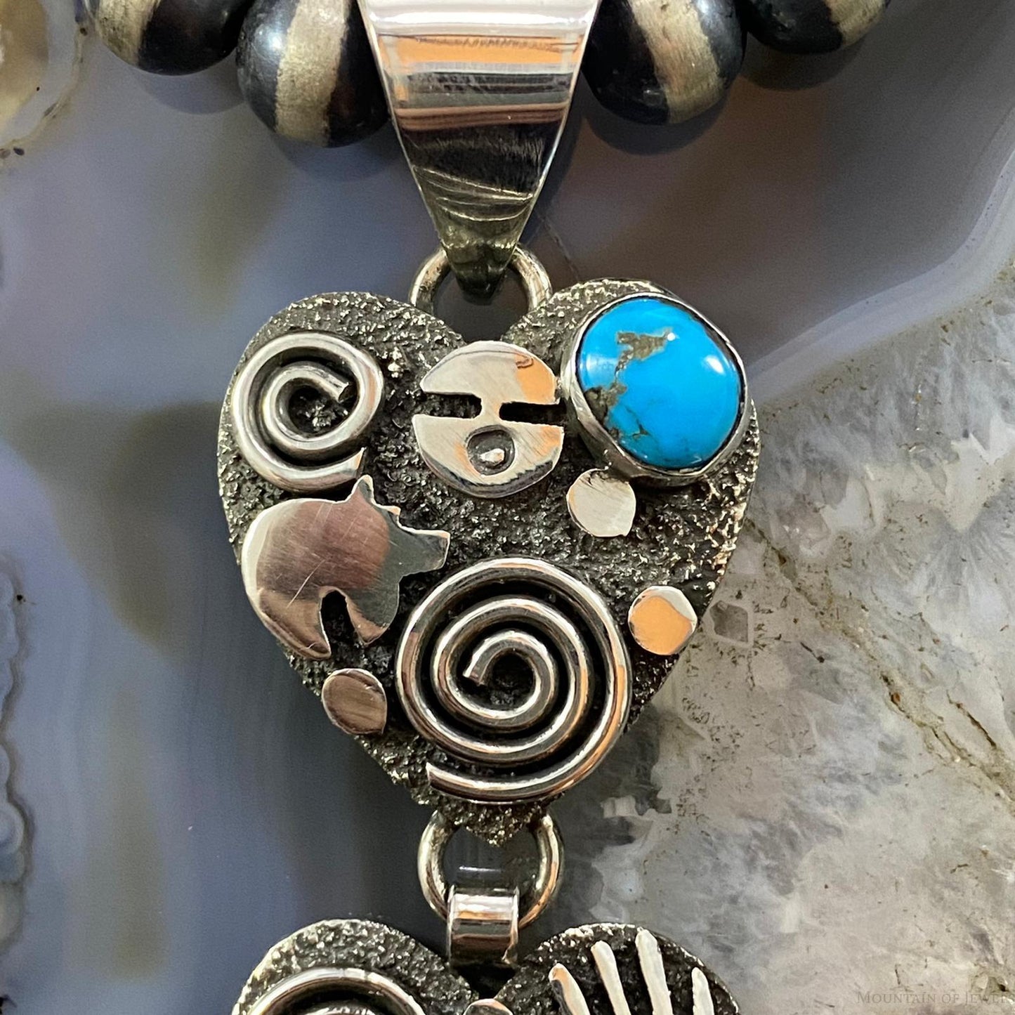 Alex Sanchez Native American Sterling Silver Triple Petroglyph Heart w/Turquoise Pendant For Women #1