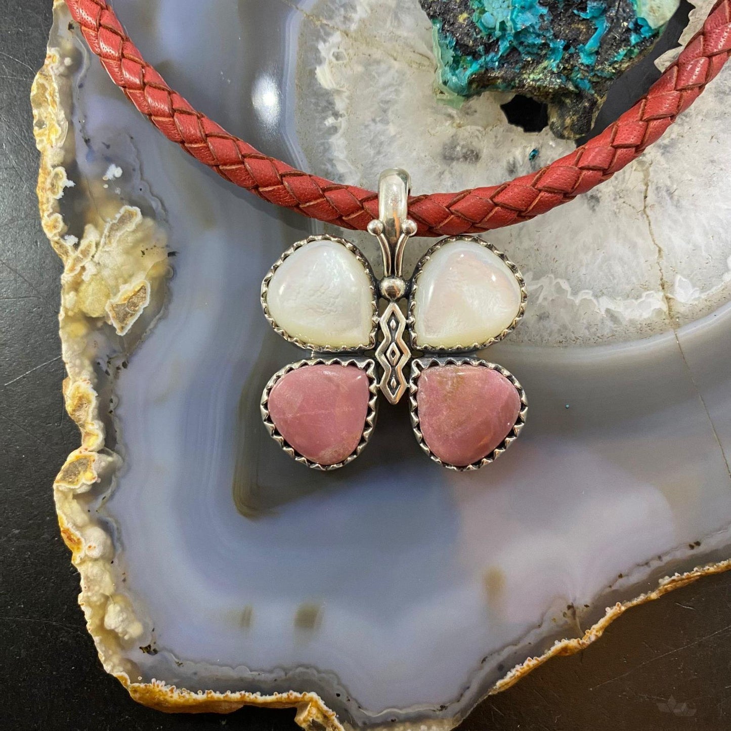 Carolyn Pollack Southwestern Style Sterling Silver Mother of Pearl & Rhodonite Pendant For Women