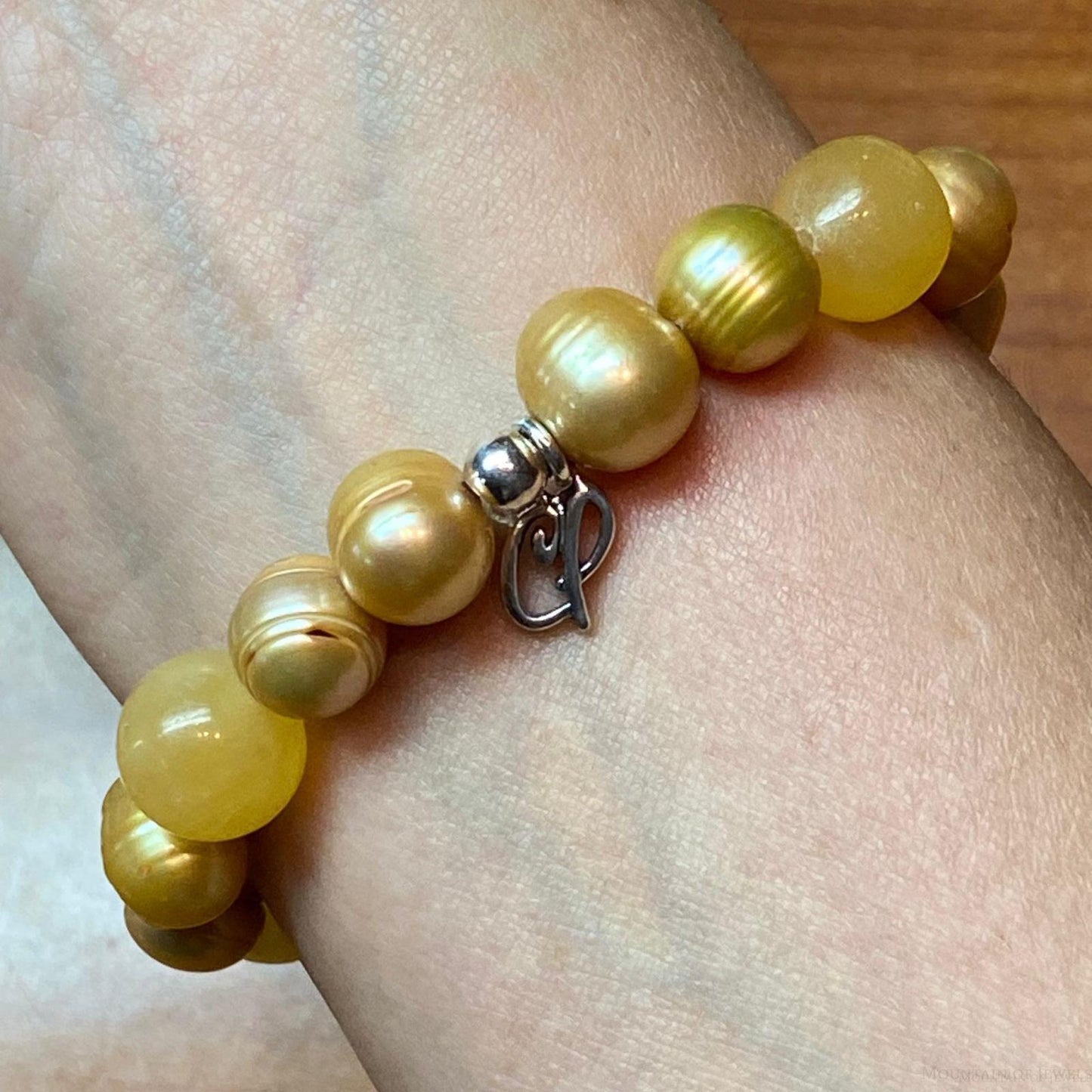 Carolyn Pollack Sterling Silver Yellow Jade & Pearl Bead Stretch Bracelet For Women
