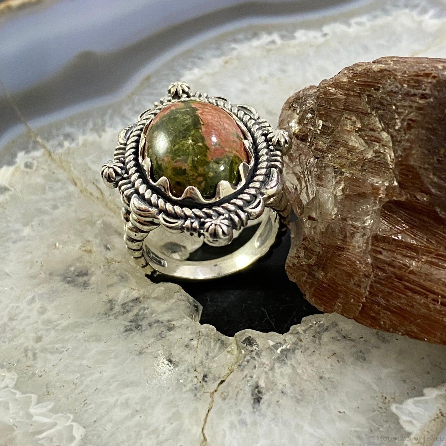 Carolyn Pollack Southwestern Style Sterling Silver Oval Unakite Decorated Ring Size 8.5 For Women