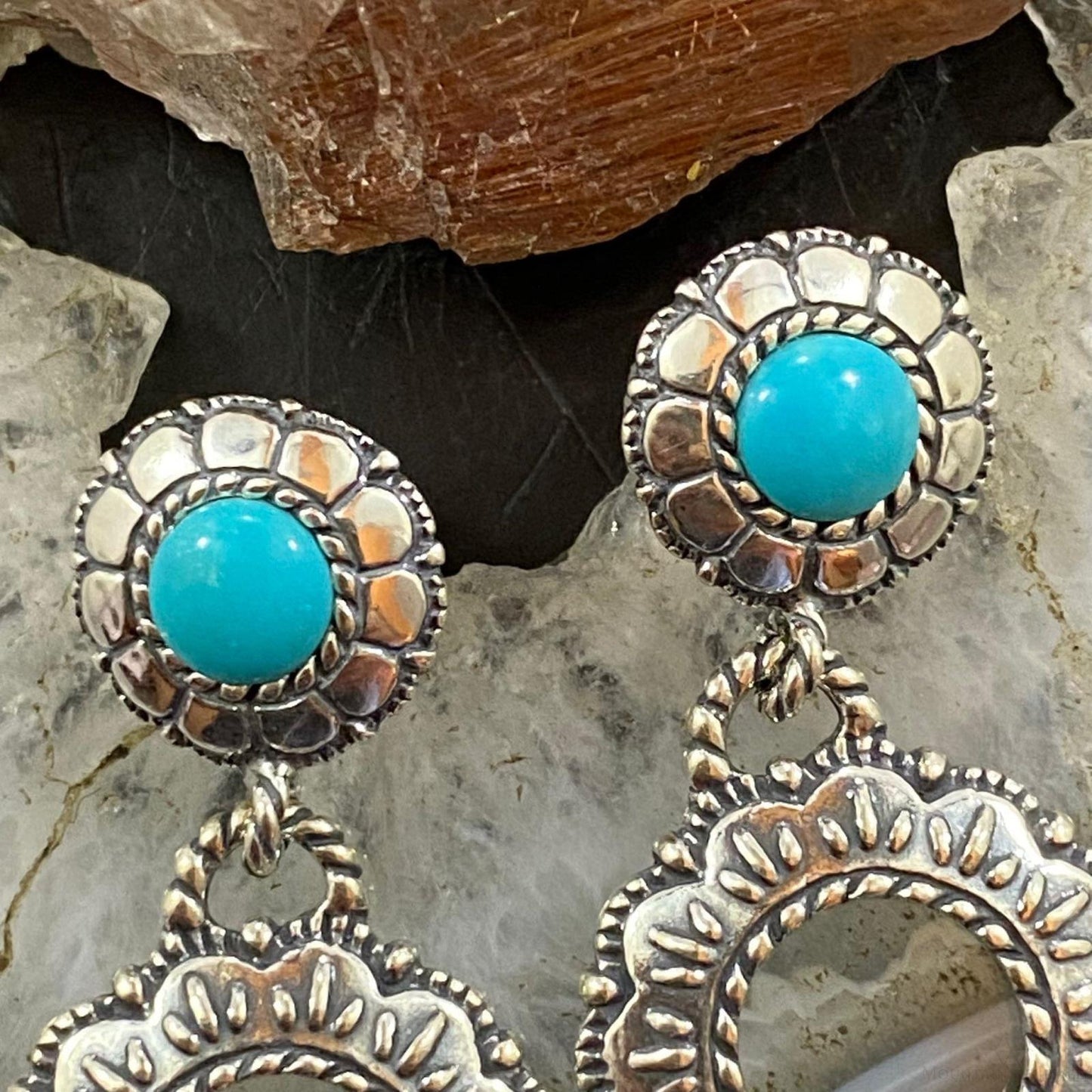Carolyn Pollack Sterling Silver Round Turquoise Double Flower Dangle Earrings For Women