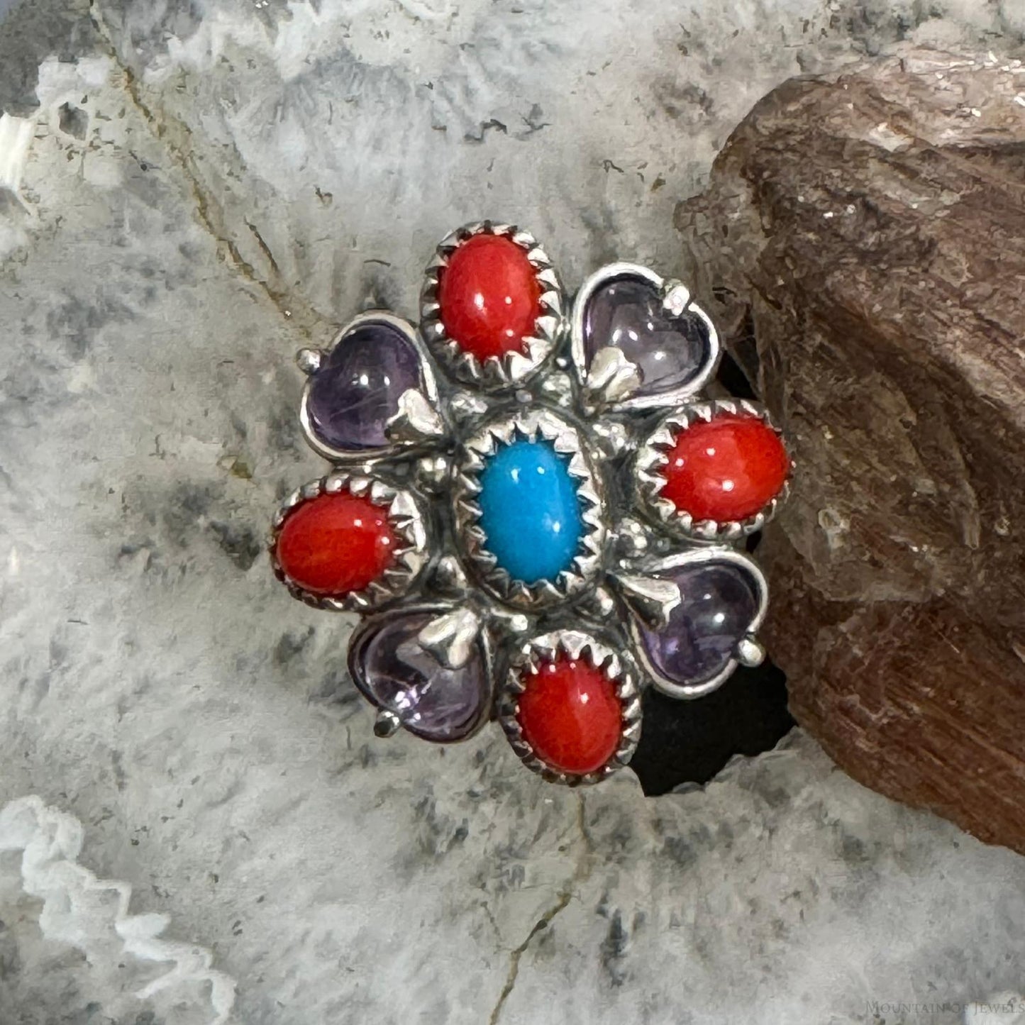 Carolyn Pollack Sterling Silver Multi Gemstone Flower Ring Size 8.75 For Women