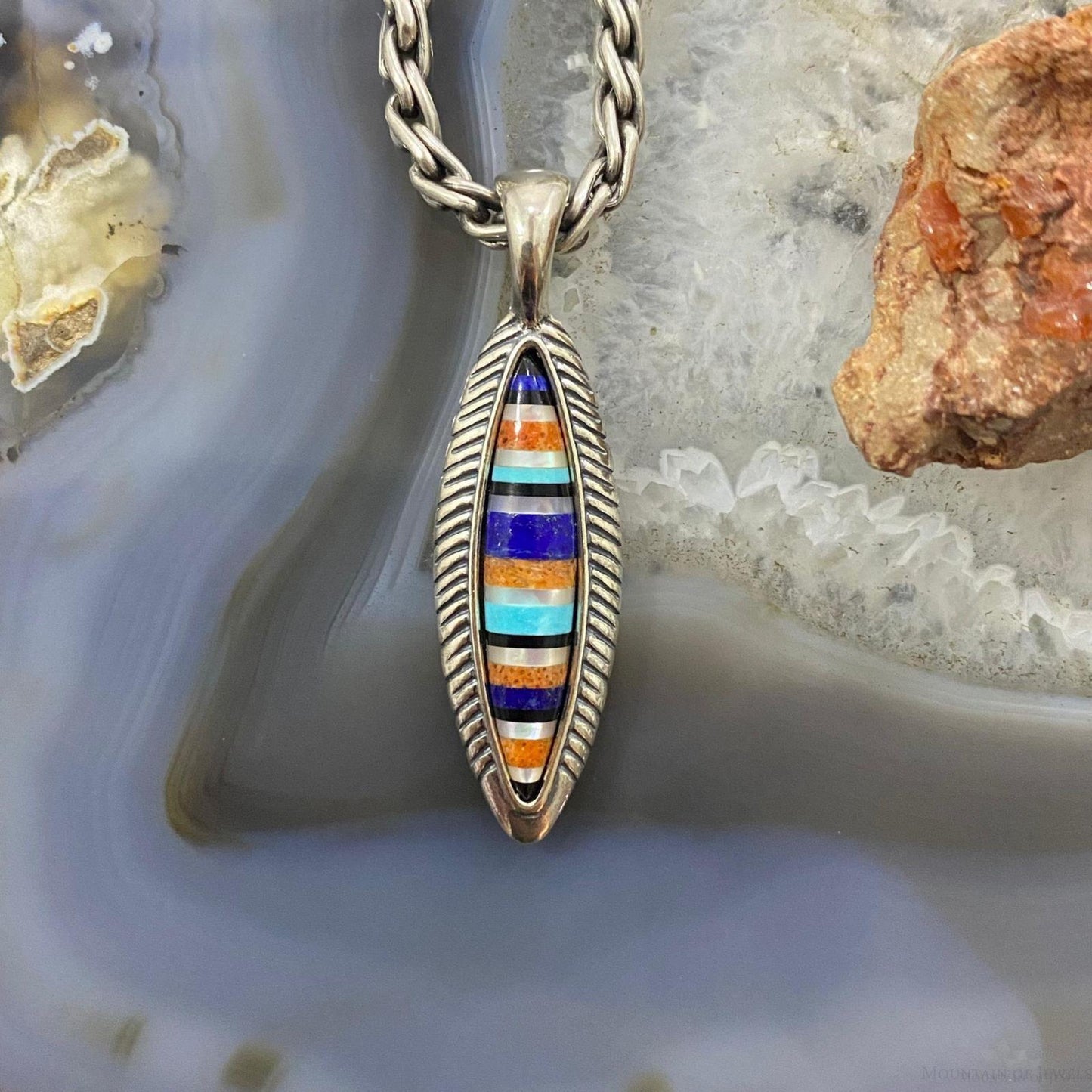Carolyn Pollack Southwestern Style Sterling Silver Marquise Multistone Inlay Pendant For Women