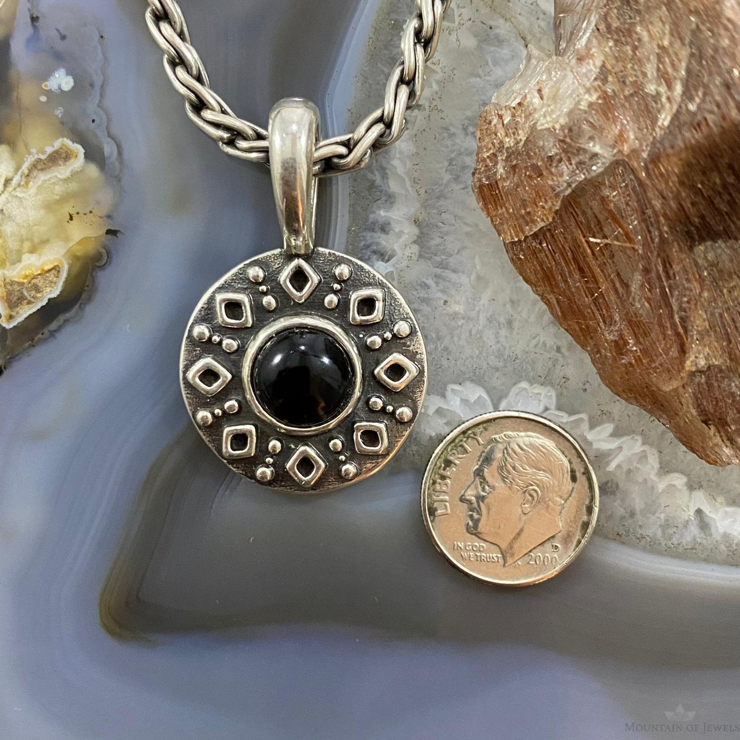 Carolyn Pollack Southwestern Style Sterling Silver Onyx Double Sided Decorated Serpent Pendant For Women