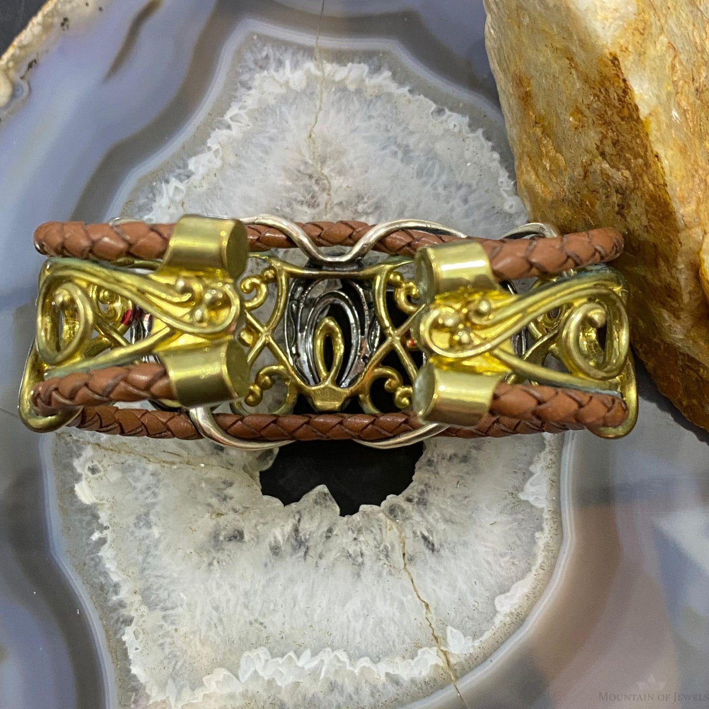 Carolyn Pollack Sterling Silver & Brass Double Row Brown Leather Decorated Bracelet