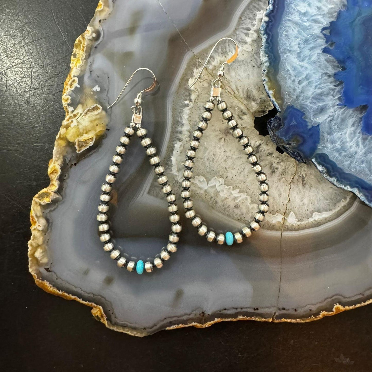 Navajo Pearl Beads 3mm & Turquoise Bead 5 mm Sterling Silver Dangle Earrings For Women