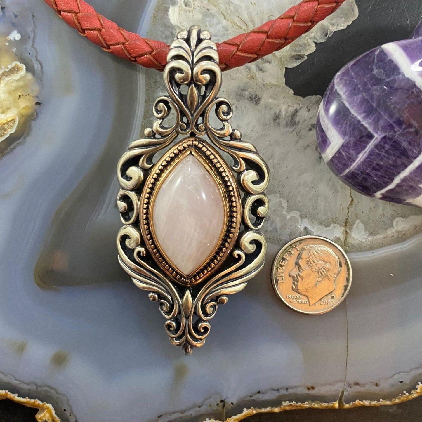 Carolyn Pollack Southwestern Style Sterling Silver & Bronze Rose Quartz Decorated Enhancer Pendant For Women