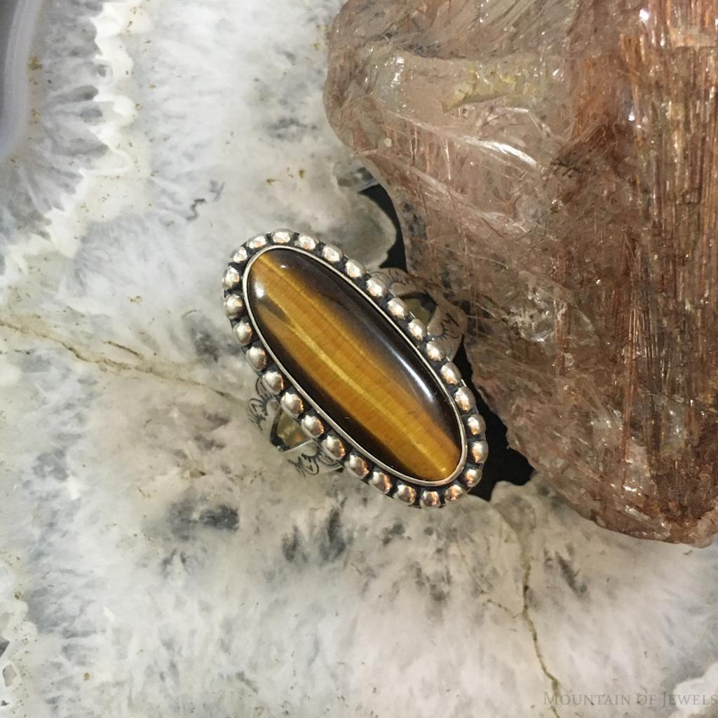 Carolyn Pollack Sterling Silver Elongated Oval Tiger Eye Decorated Ring For Women