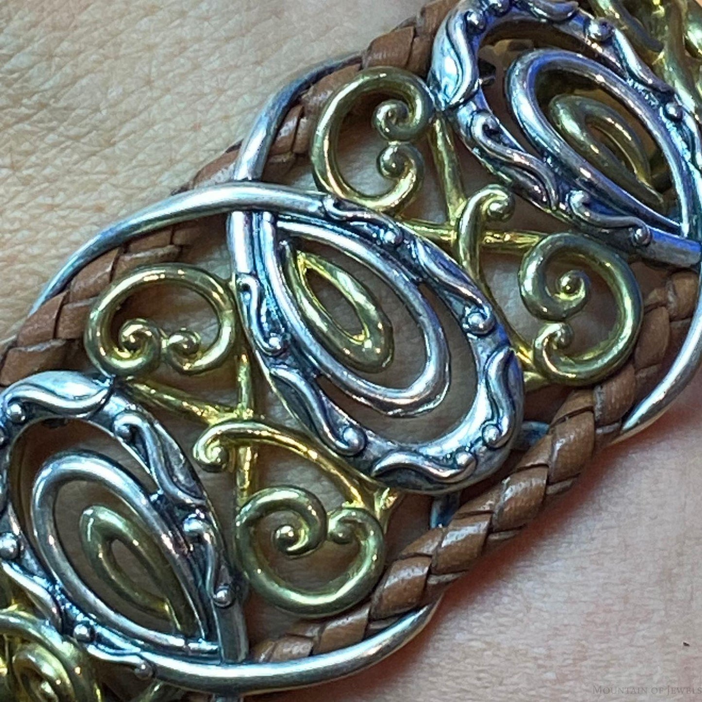 Carolyn Pollack Sterling Silver & Brass Double Row Brown Leather Decorated Bracelet