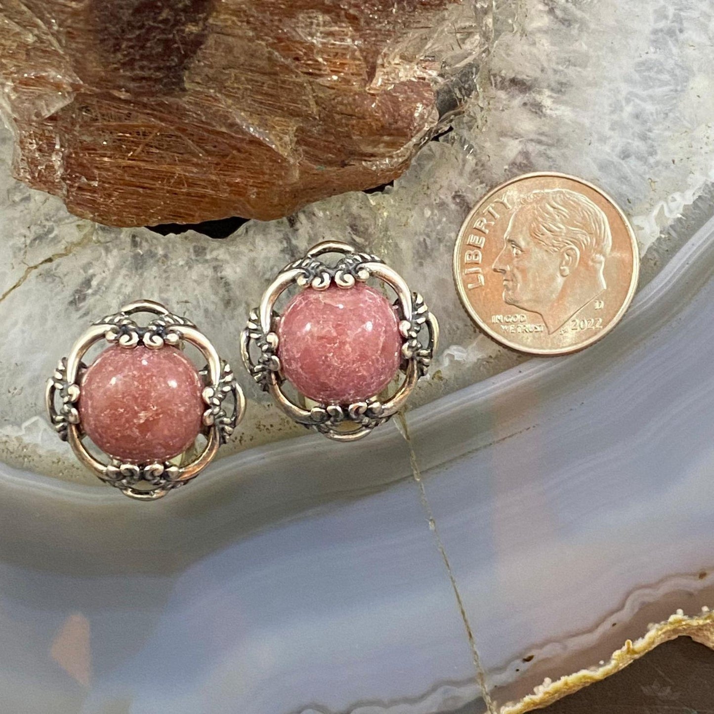 Carolyn Pollack Sterling Silver Round Rhodonite Decorated Clip-On Earrings For Women