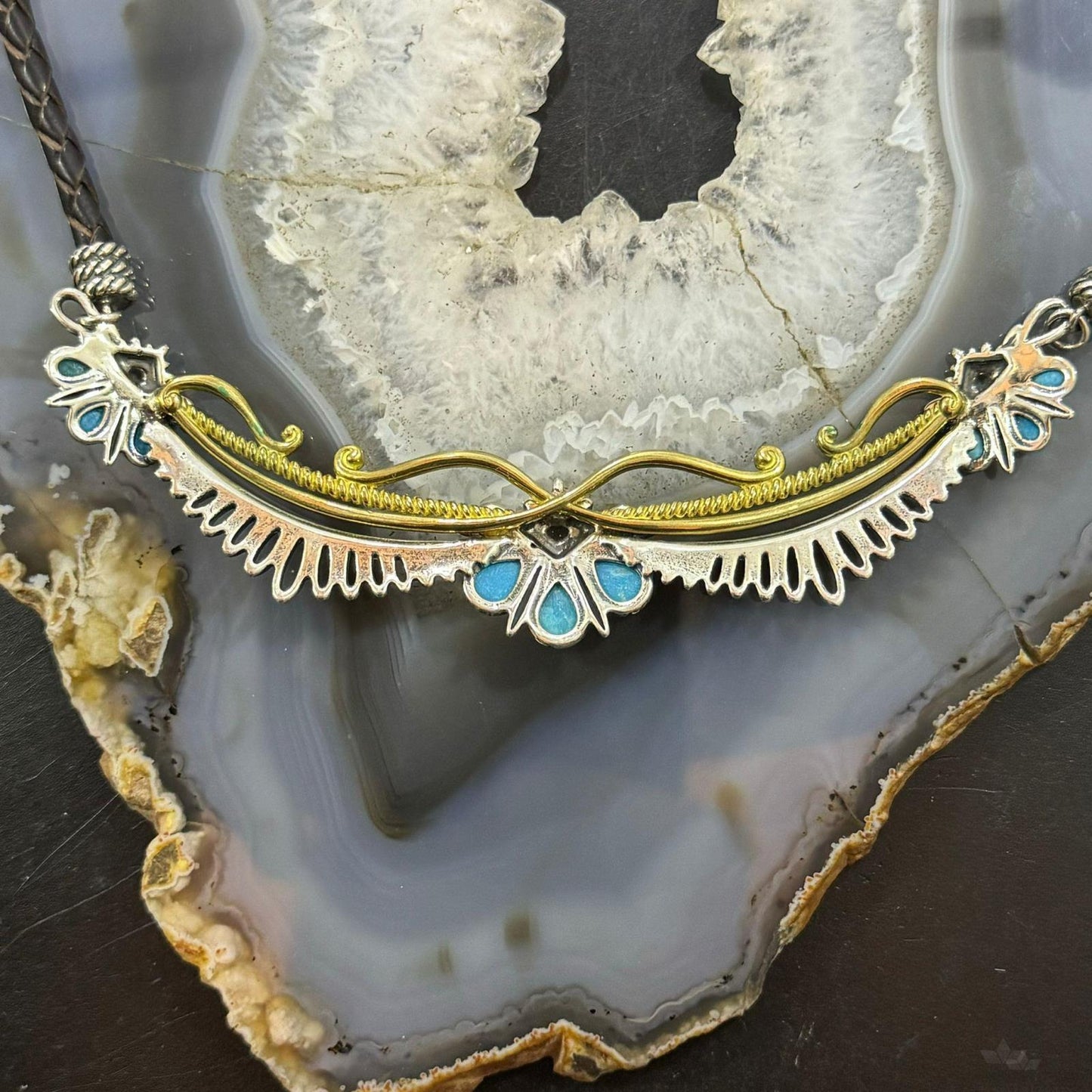 Carolyn Pollack Sterling Silver & Brass 9 Turquoise Brown Braided Leather Necklace