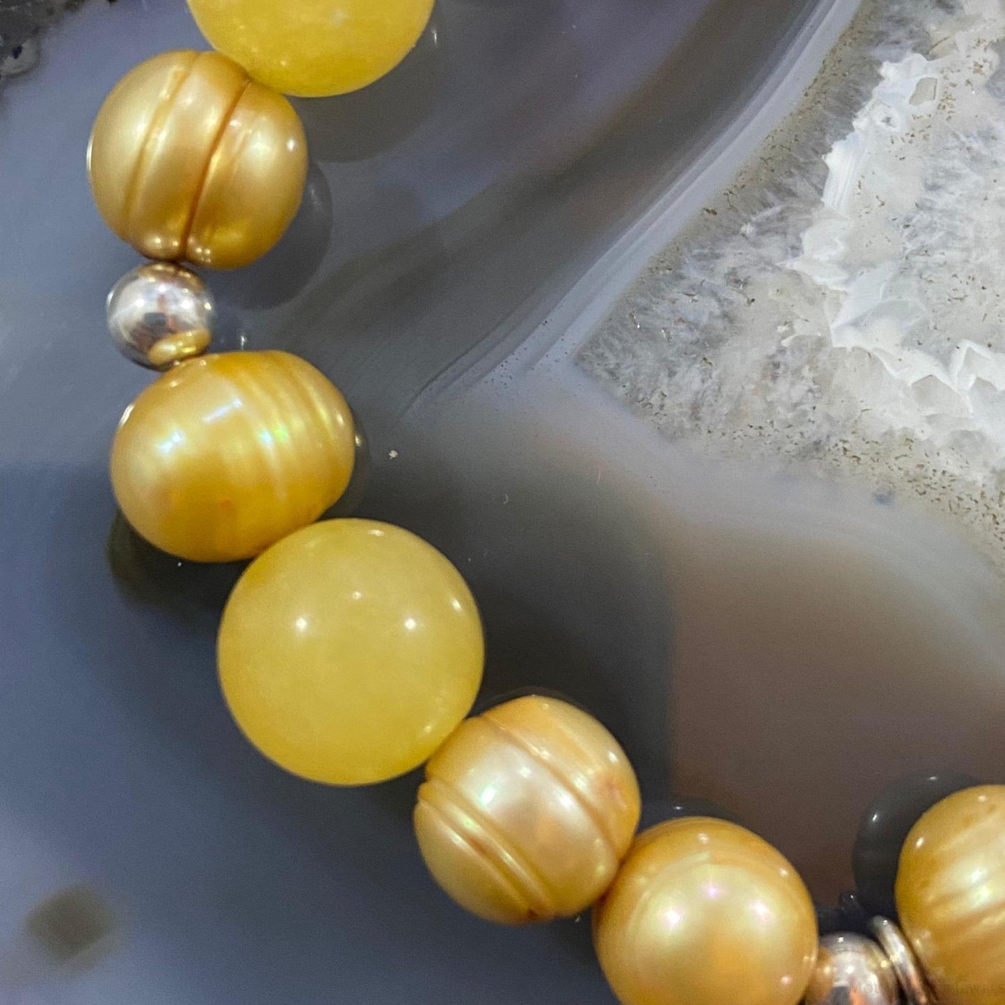 Carolyn Pollack Sterling Silver Yellow Jade & Pearl Bead Stretch Bracelet For Women