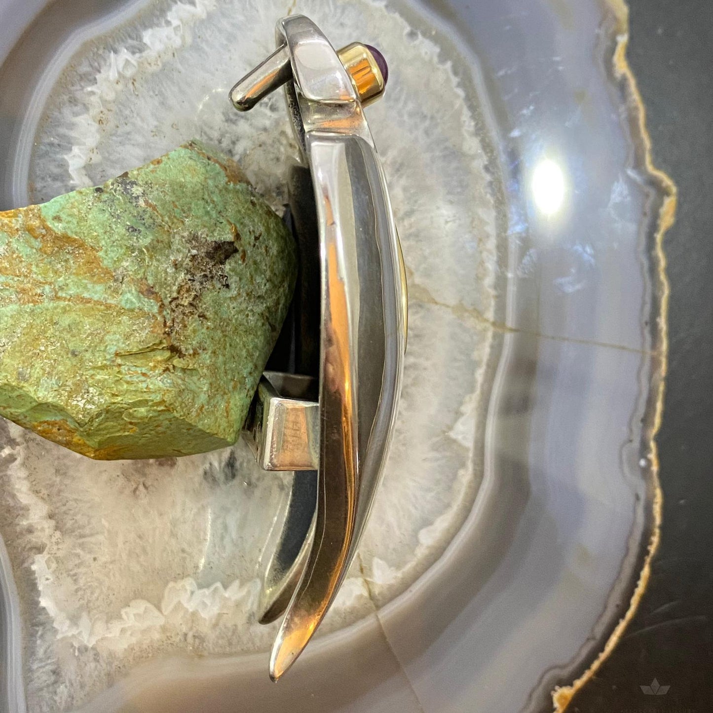 Signed Sterling Silver with 14K Gold & Round Charoite Eagle Unisex Belt Buckle