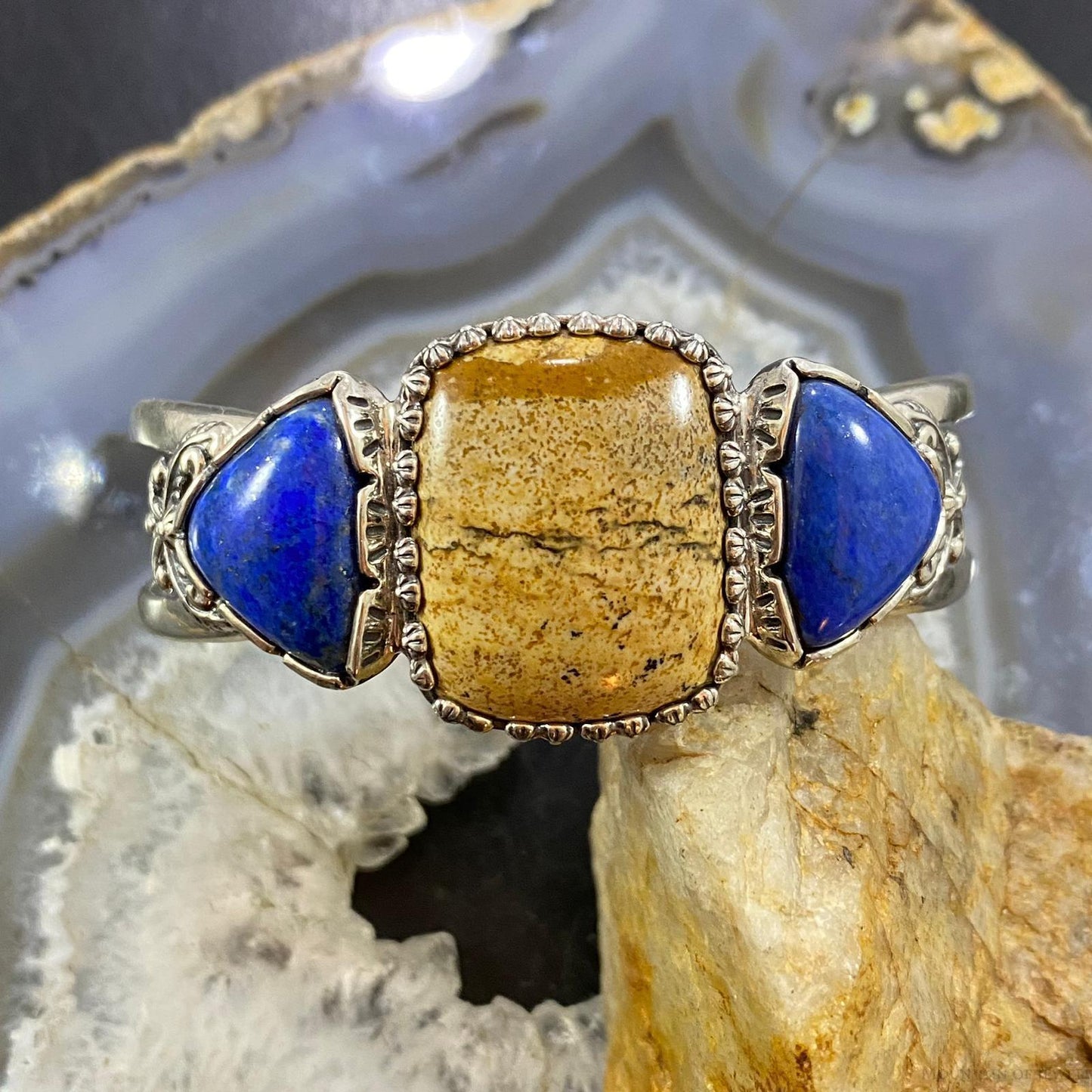 Carolyn Pollack Southwestern Style Sterling Silver Picture Jasper and Denim Lapis Bracelet For Women