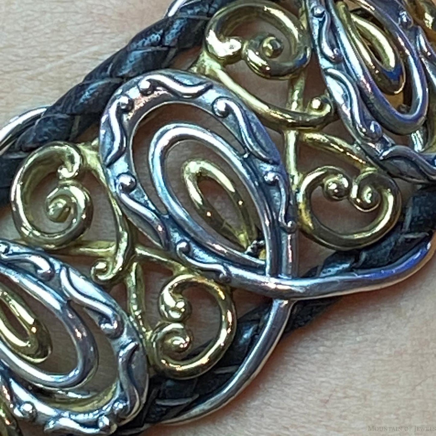 Carolyn Pollack Sterling Silver & Brass Decorated Braided Leather Bracelet For Women