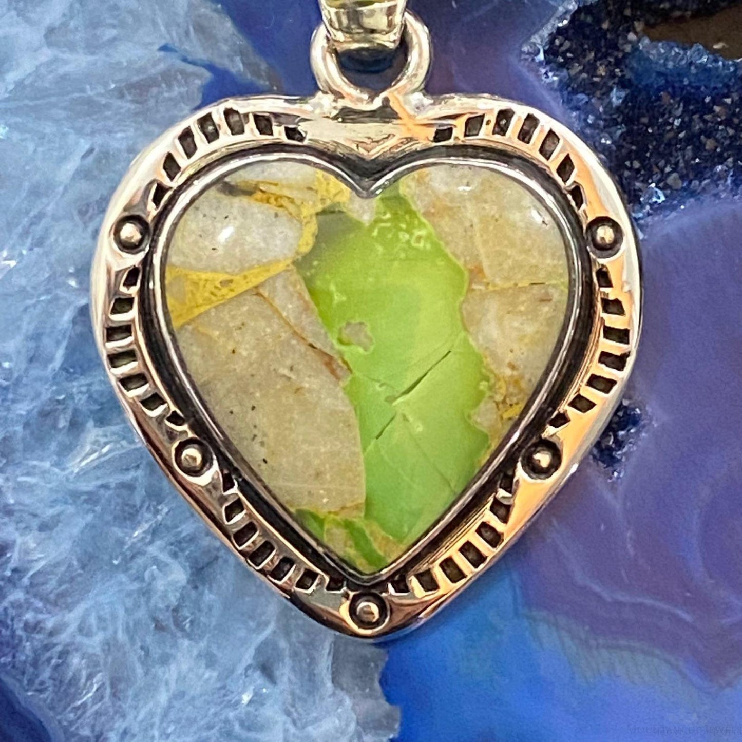 Native American Sterling Silver Boulder Ribbon Turquoise Heart Pendant For Women