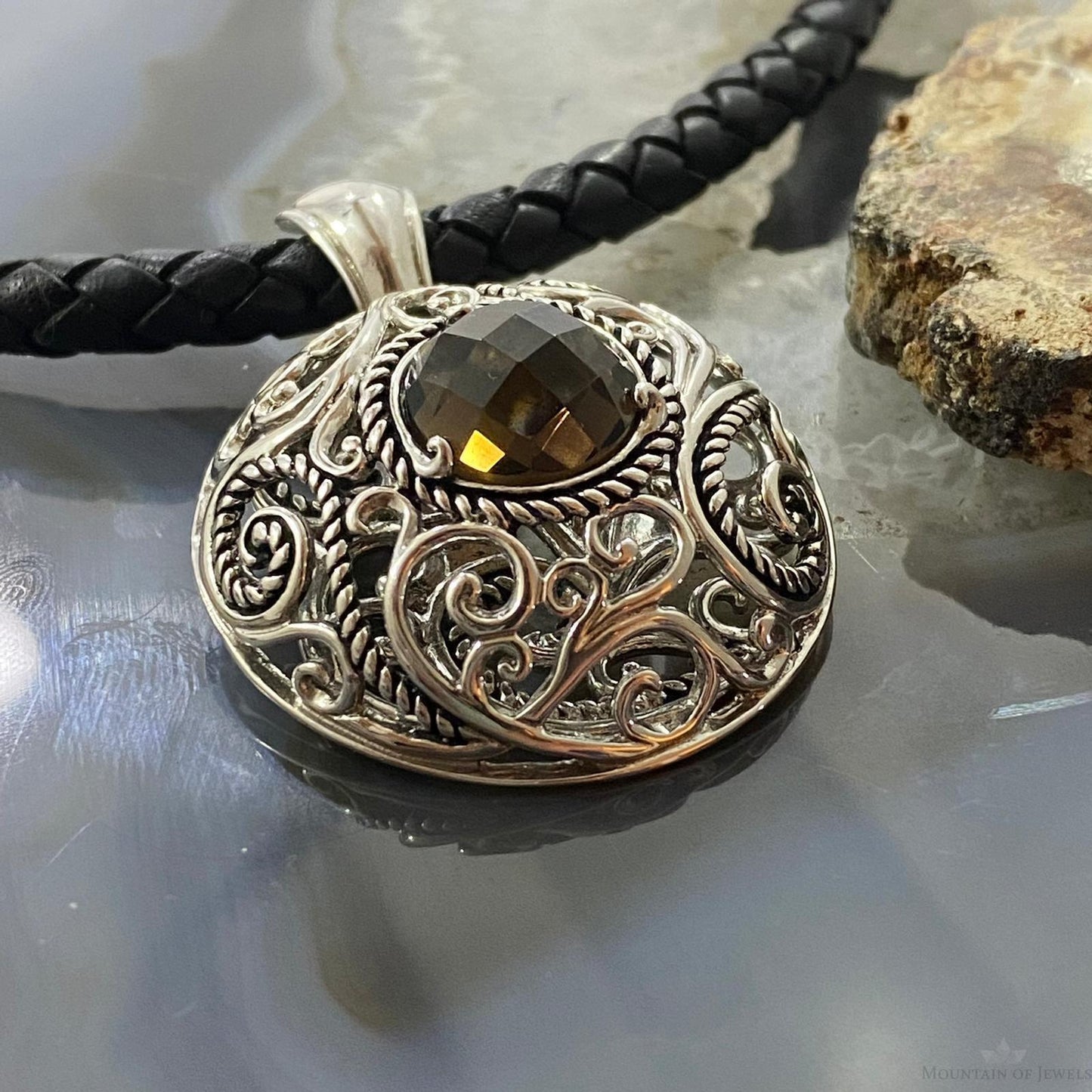 Carolyn Pollack Southwestern Style Sterling Silver Round Smoky Quartz Enhancer Pendant For Women