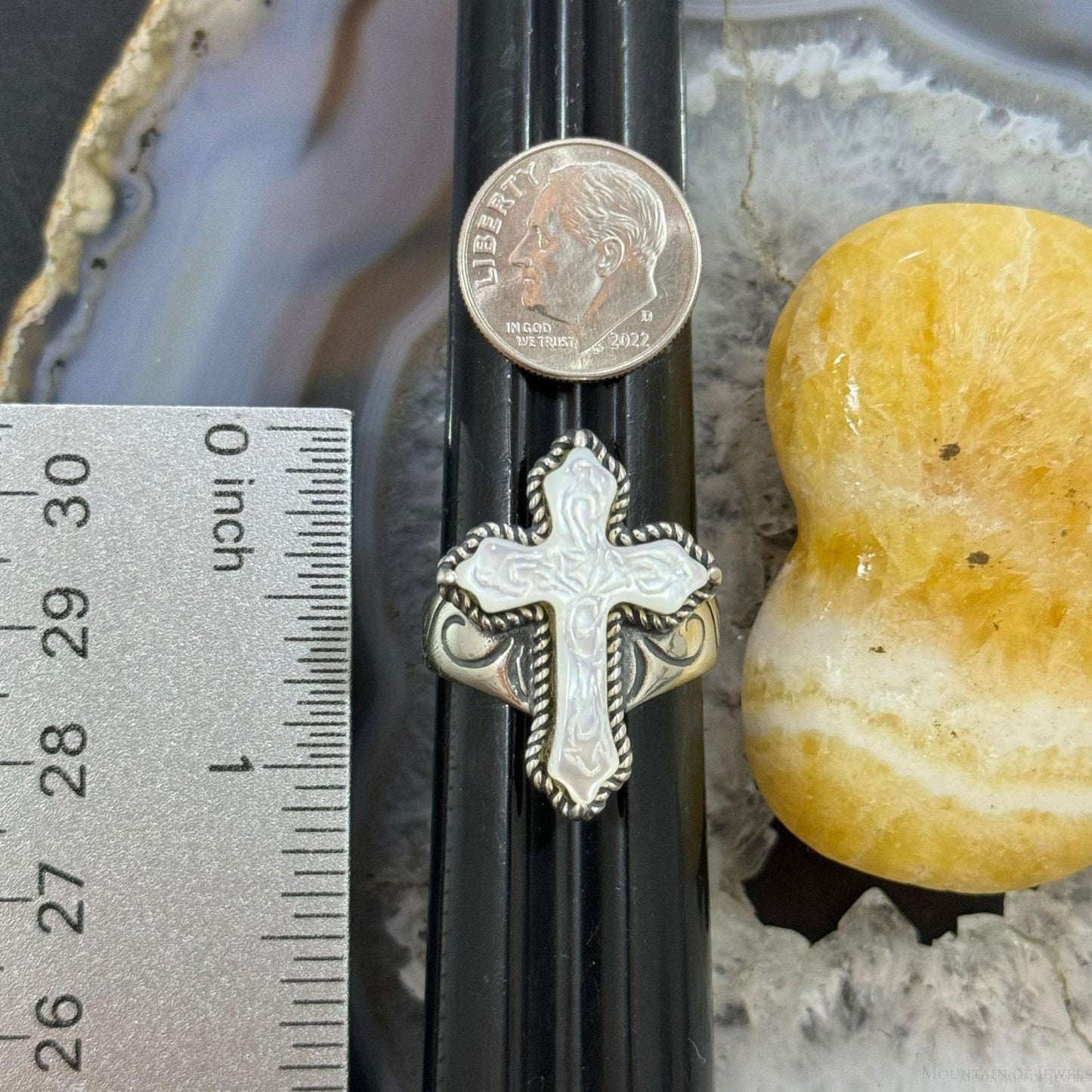 Carolyn Pollack Sterling Silver Carved Mother of Pearl Decorated Cross Ring For Women