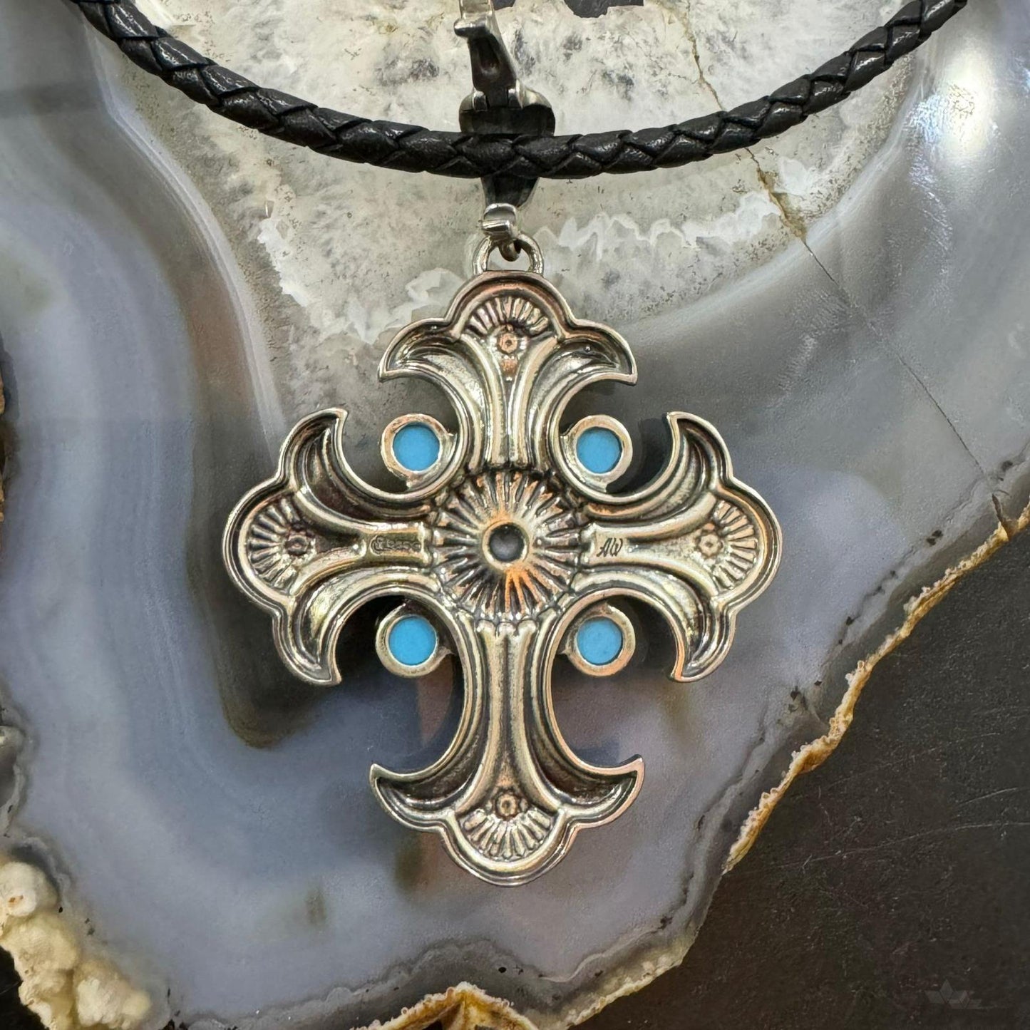 Carolyn Pollack Sterling Silver Turquoise Cross Pendant Black Braided Leather Necklace