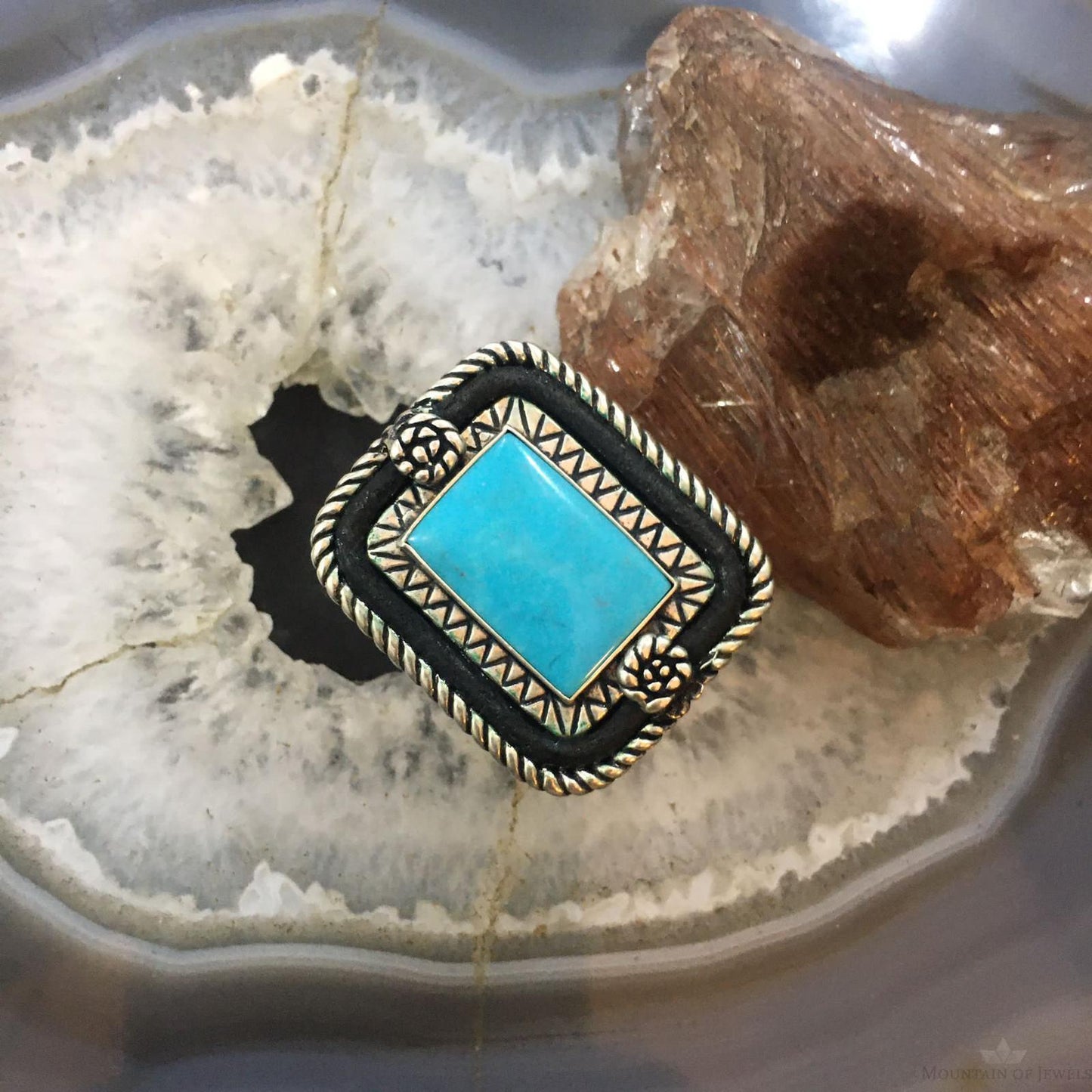 Carolyn Pollack Southwestern Style Sterling Silver Rectangle Turquoise Decorated Ring Size 8 For Women