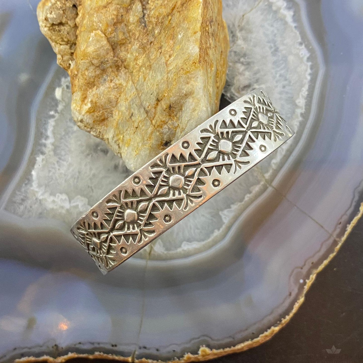 Vintage Signed Native American Sterling Silver Stamped Heavy Gauge Bracelet For Women
