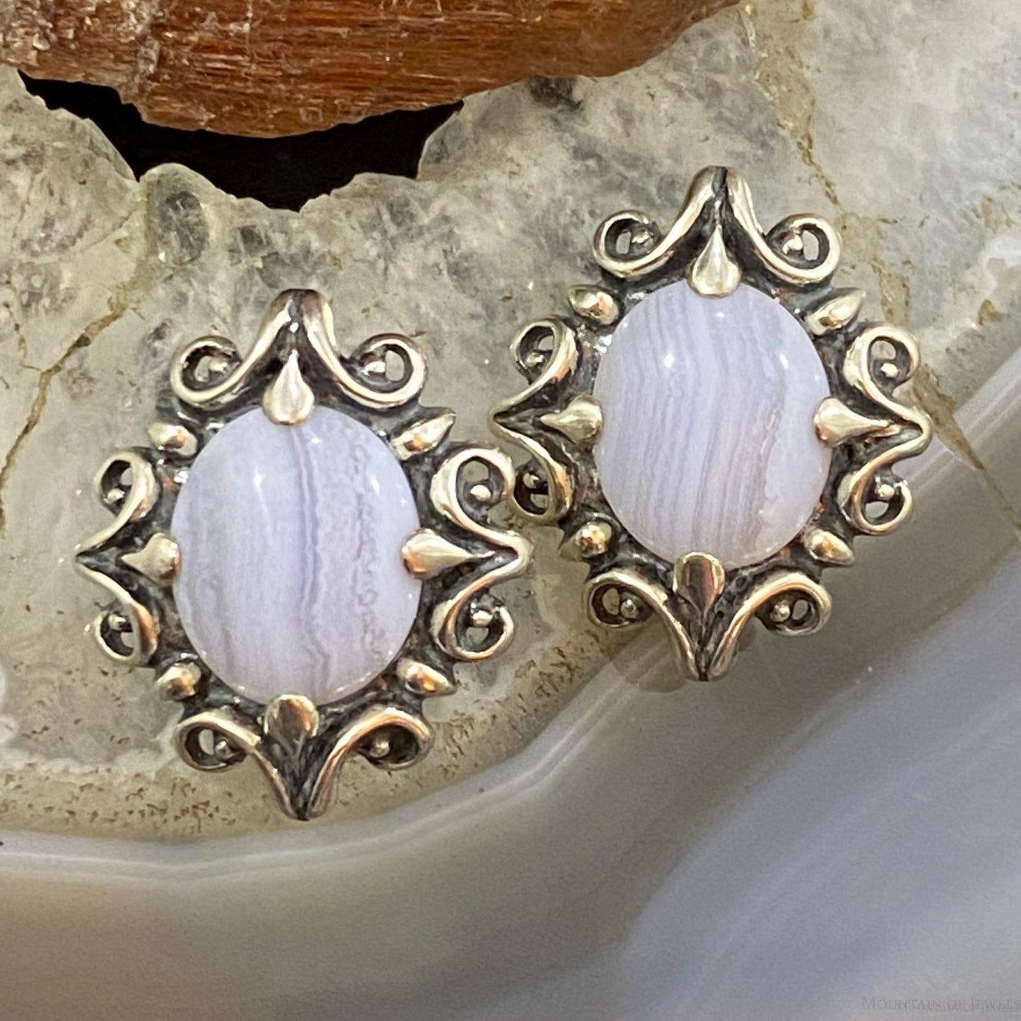 Carolyn Pollack Sterling Silver Oval Blue Lace Agate Decorated Clip-On Earrings For Women