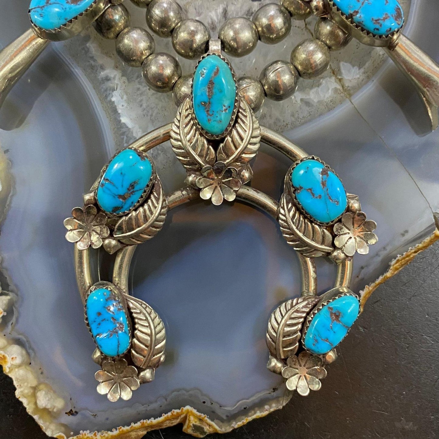 Vintage Native American Silver 15 Kingman Turquoise 28" Squash Blossom Necklace For Women
