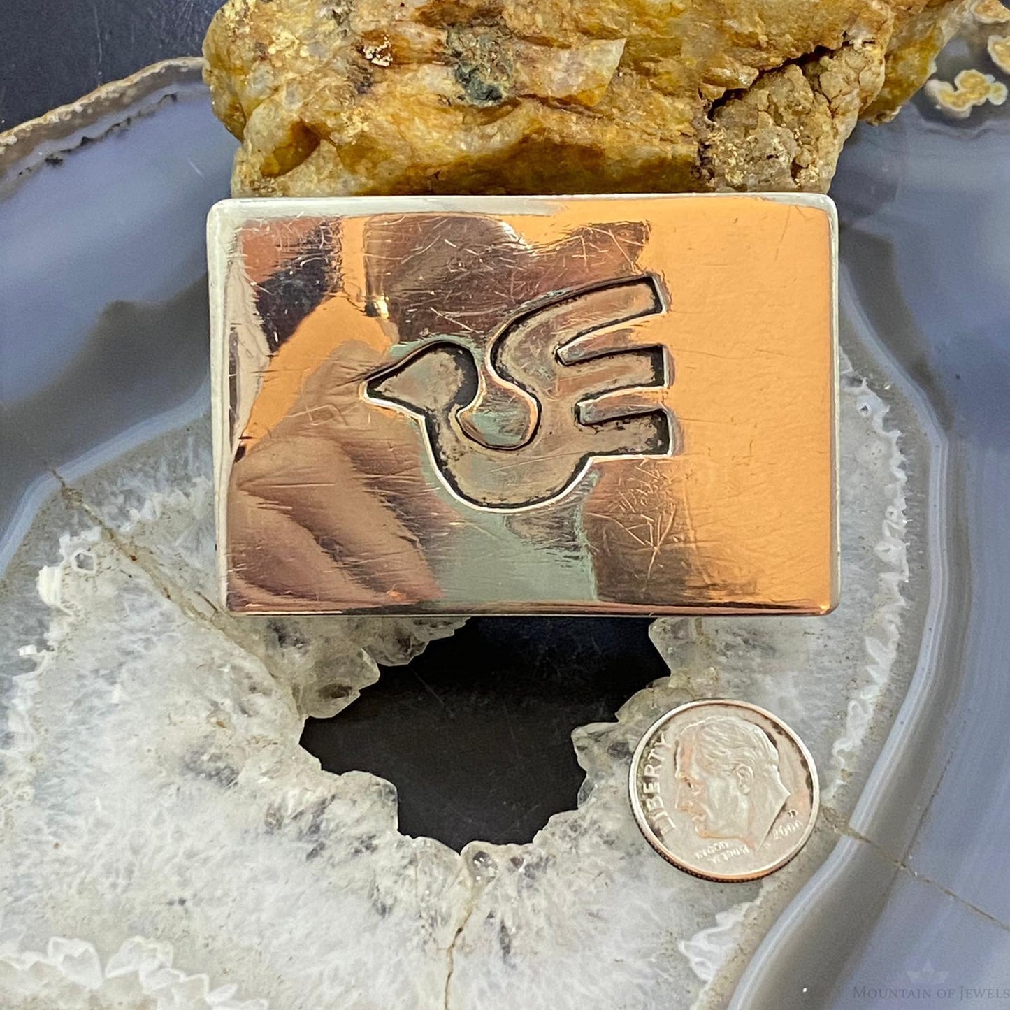 Vintage Native American Silver Overlay Dove Rectangle Unisex Belt Buckle