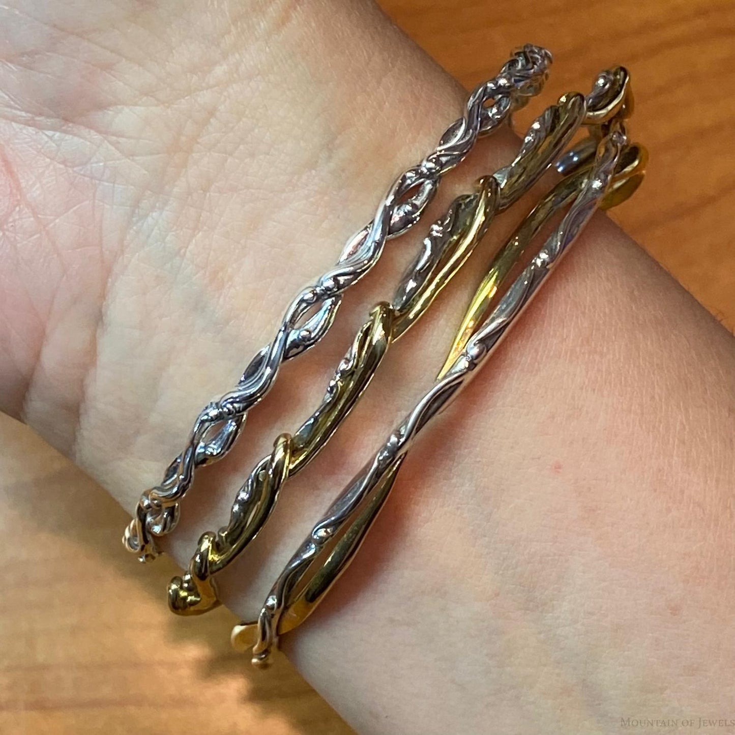 Carolyn Pollack Sterling Silver & Brass Decorated 3 Bangle Bracelet Set For Women