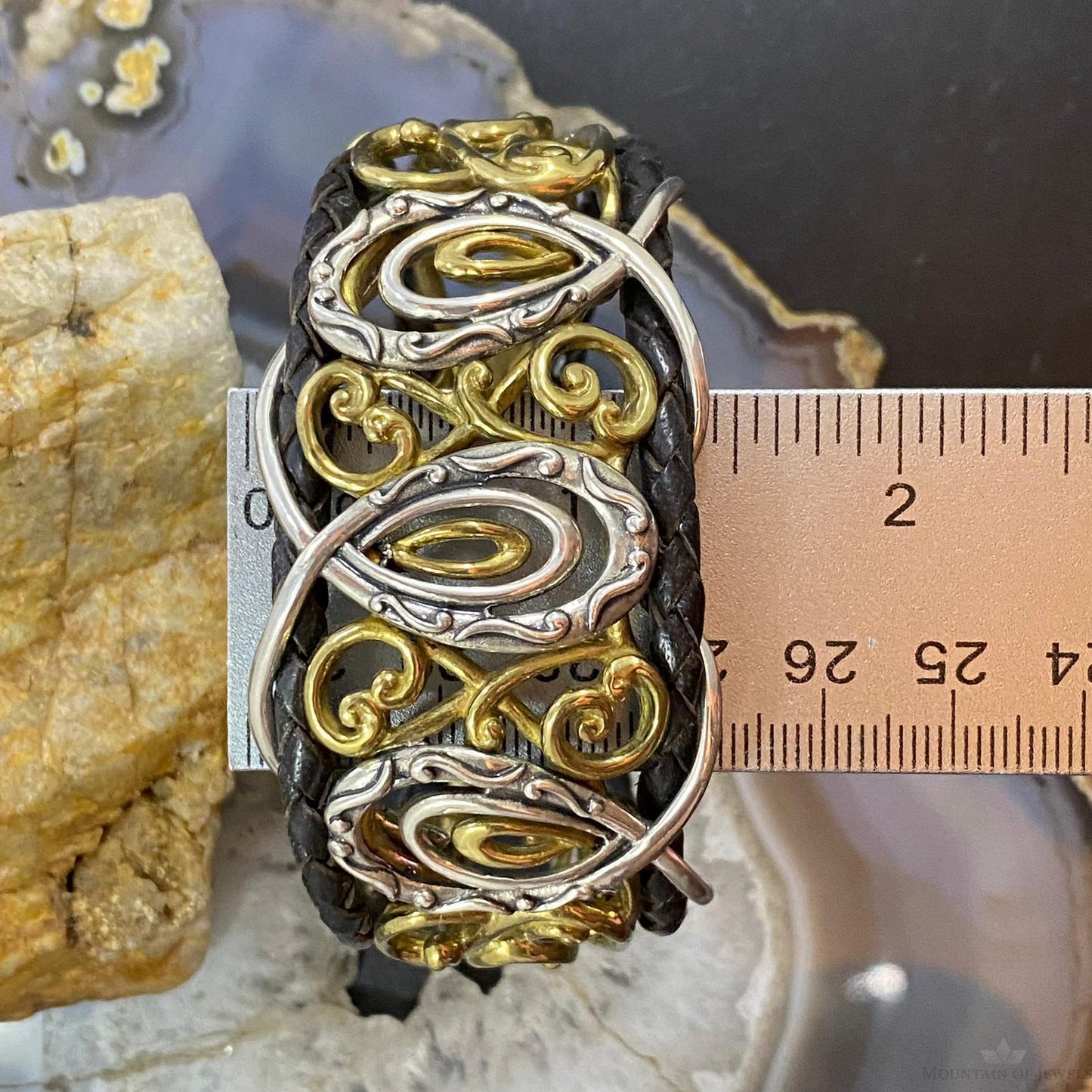 Carolyn Pollack Sterling Silver & Brass Decorated Braided Leather Bracelet For Women
