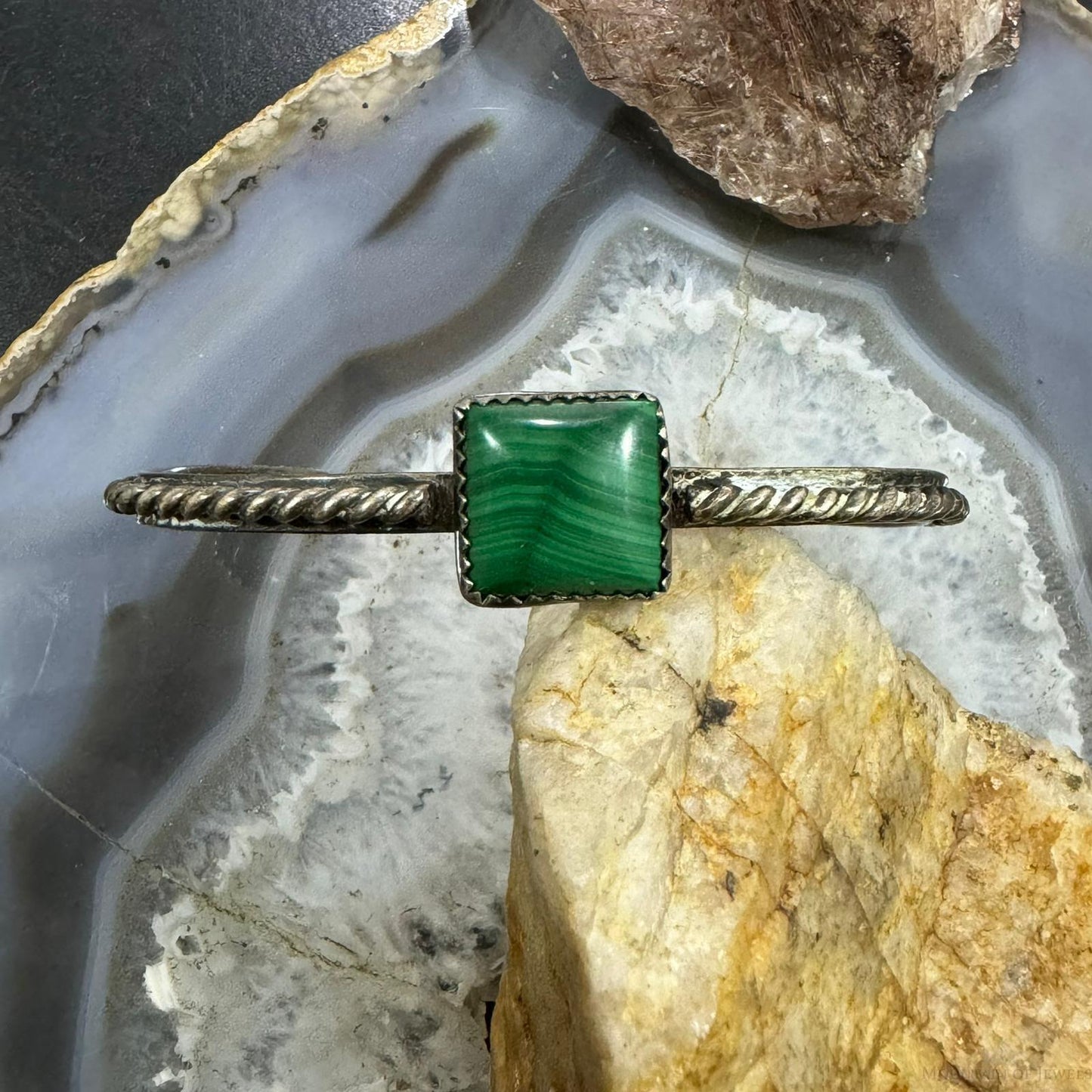 Vintage Native American Silver Square Malachite Decorated Bracelet For Women