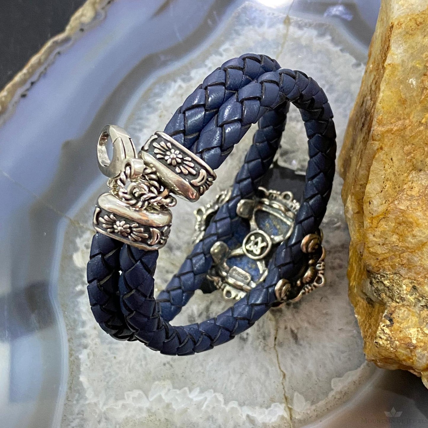 Carolyn Pollack Sterling Silver Denim Lapis Navy Braided Leather Bracelet For Women