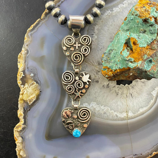 Alex Sanchez Native American Sterling Silver Triple Petroglyph Heart w/Turquoise Pendant For Women #4