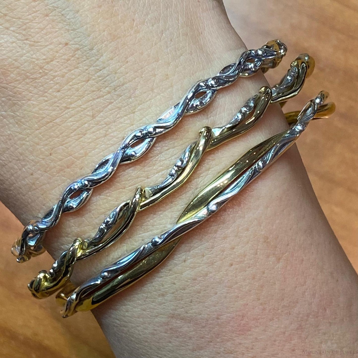 Carolyn Pollack Sterling Silver & Brass Decorated 3 Bangle Bracelet Set For Women