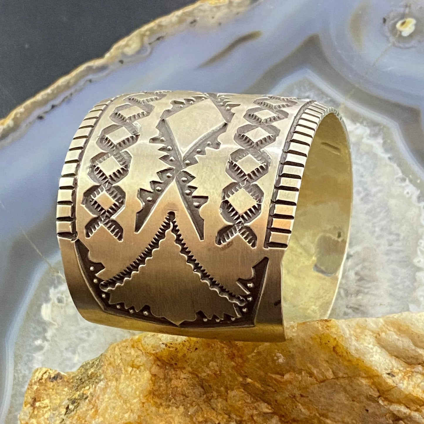 Jerrold Tahe Native American Sterling Silver Stamped Wide Bracelet For Women
