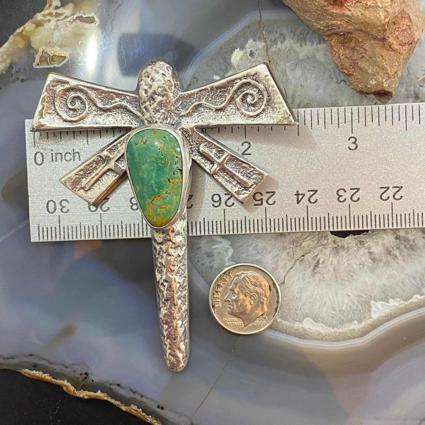 Gary Custer Navajo Sterling Silver Tufa Cast Dragonfly Royston Turquoise Unisex Pendant