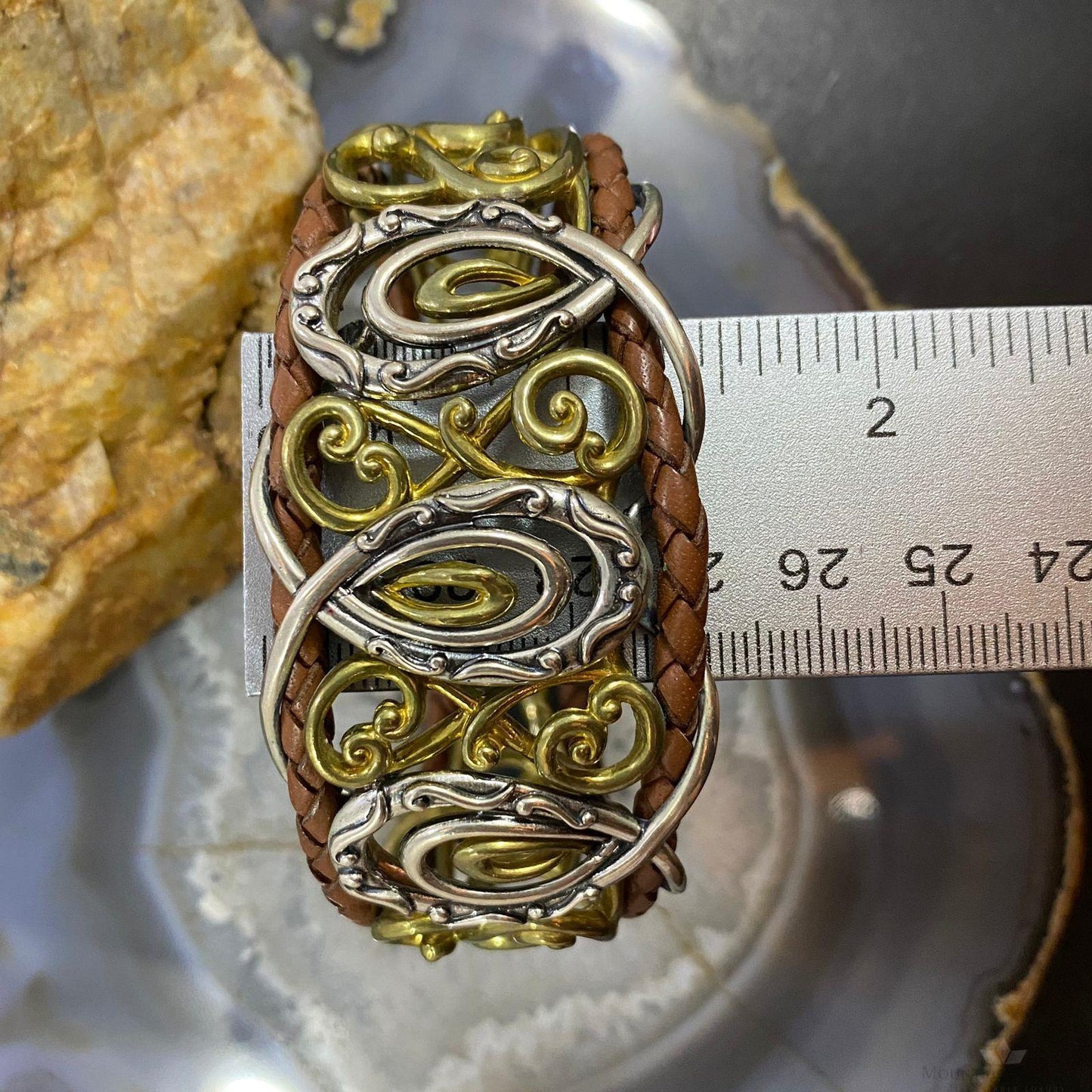 Carolyn Pollack Sterling Silver & Brass Double Row Brown Leather Decorated Bracelet