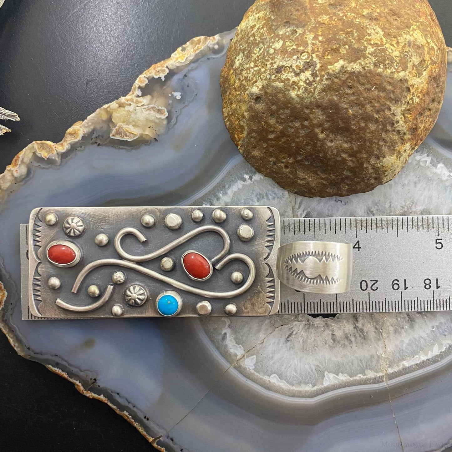 Delbert Secatero Curved Decorated Turquoise & Coral Sterling Silver Pendant