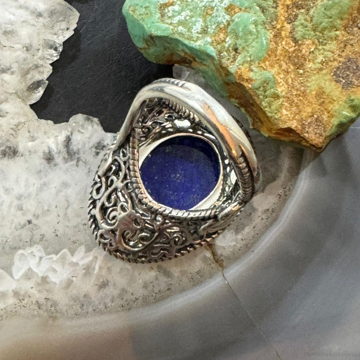 Carolyn Pollack Sterling Silver Oval Lapis Sombrero Style Decorated Size 8 Ring For Women