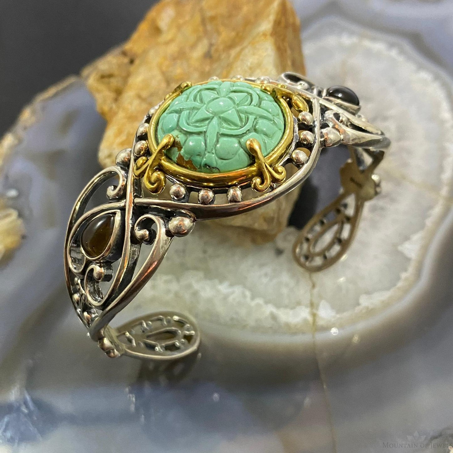 Carolyn Pollack Sterling Silver & Brass Green Turquoise/Smoky Quartz Decorated Bracelet For Women