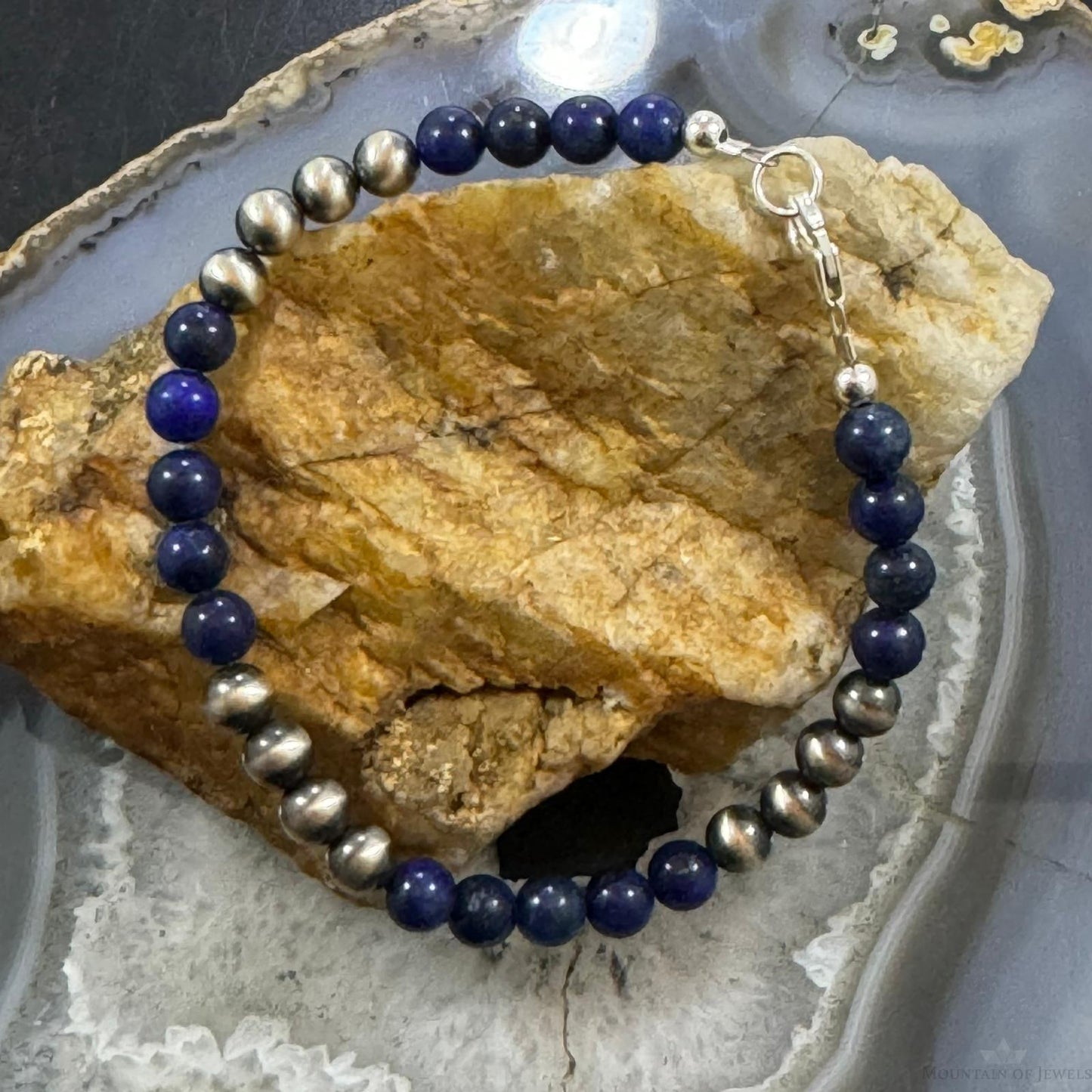 Native American Sterling Silver 5 mm Navajo Pearl & Lapis Bead Link Bracelet For Women