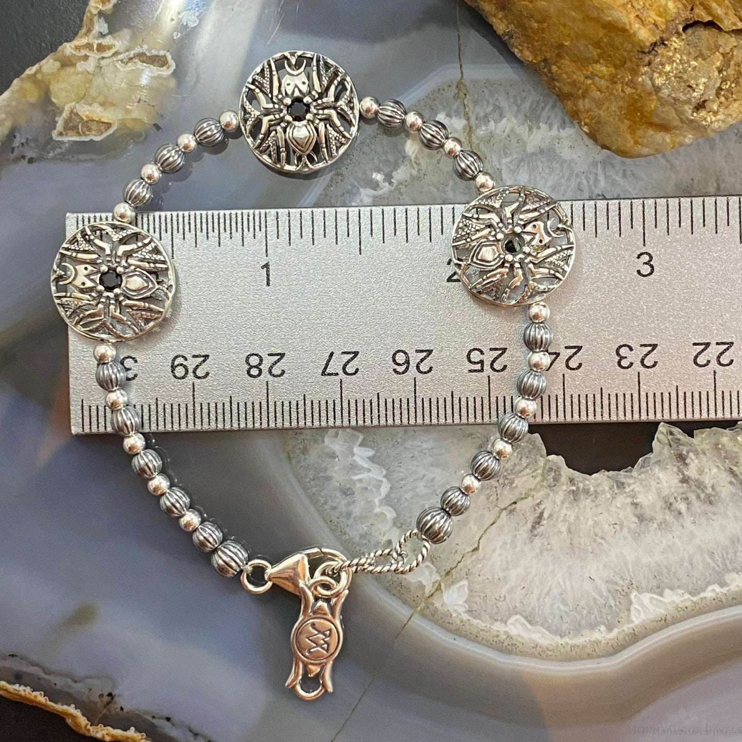 Carolyn Pollack Sterling Silver 3 Faceted Onyx Spiderweb Medallion Link Bracelet For Women