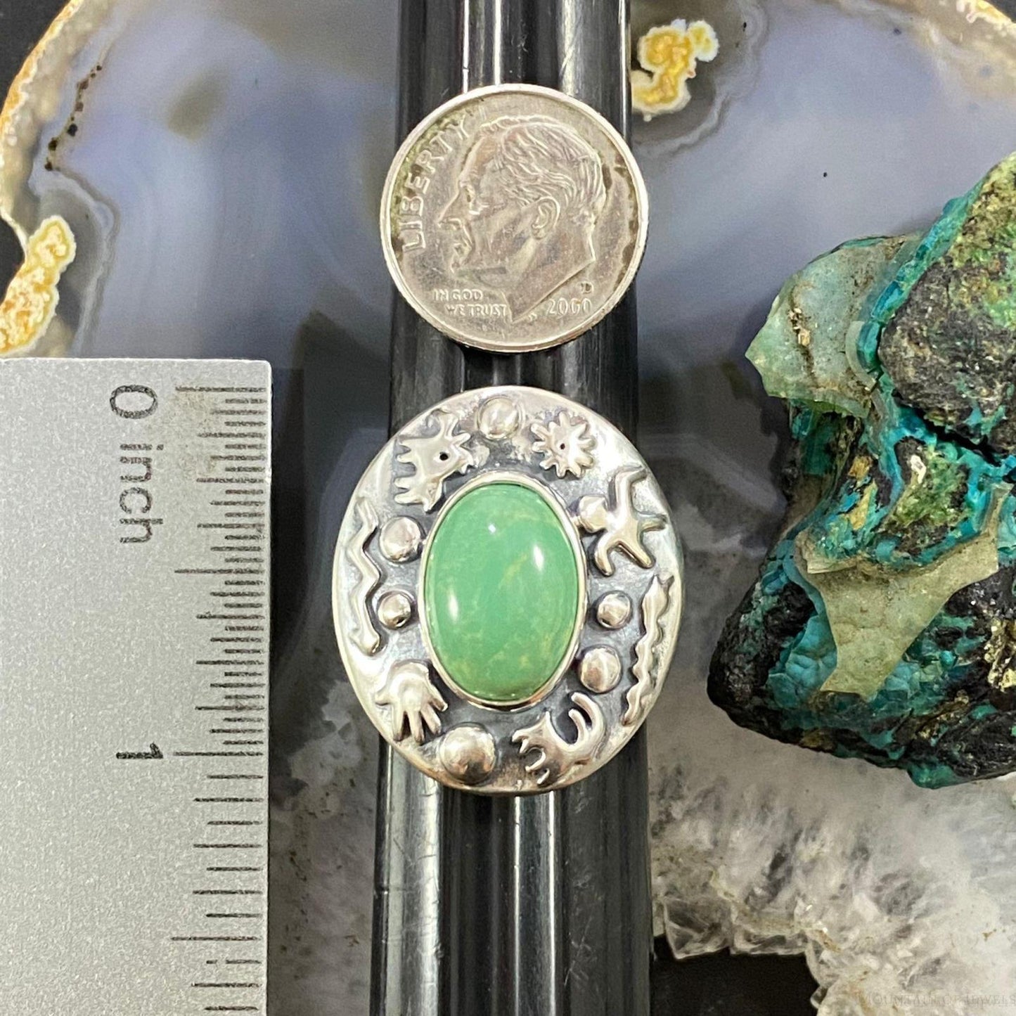 Carolyn Pollack Southwestern Style Sterling Silver Oval Turquoise Petroglyphs Decorated Ring Size 8 For Women