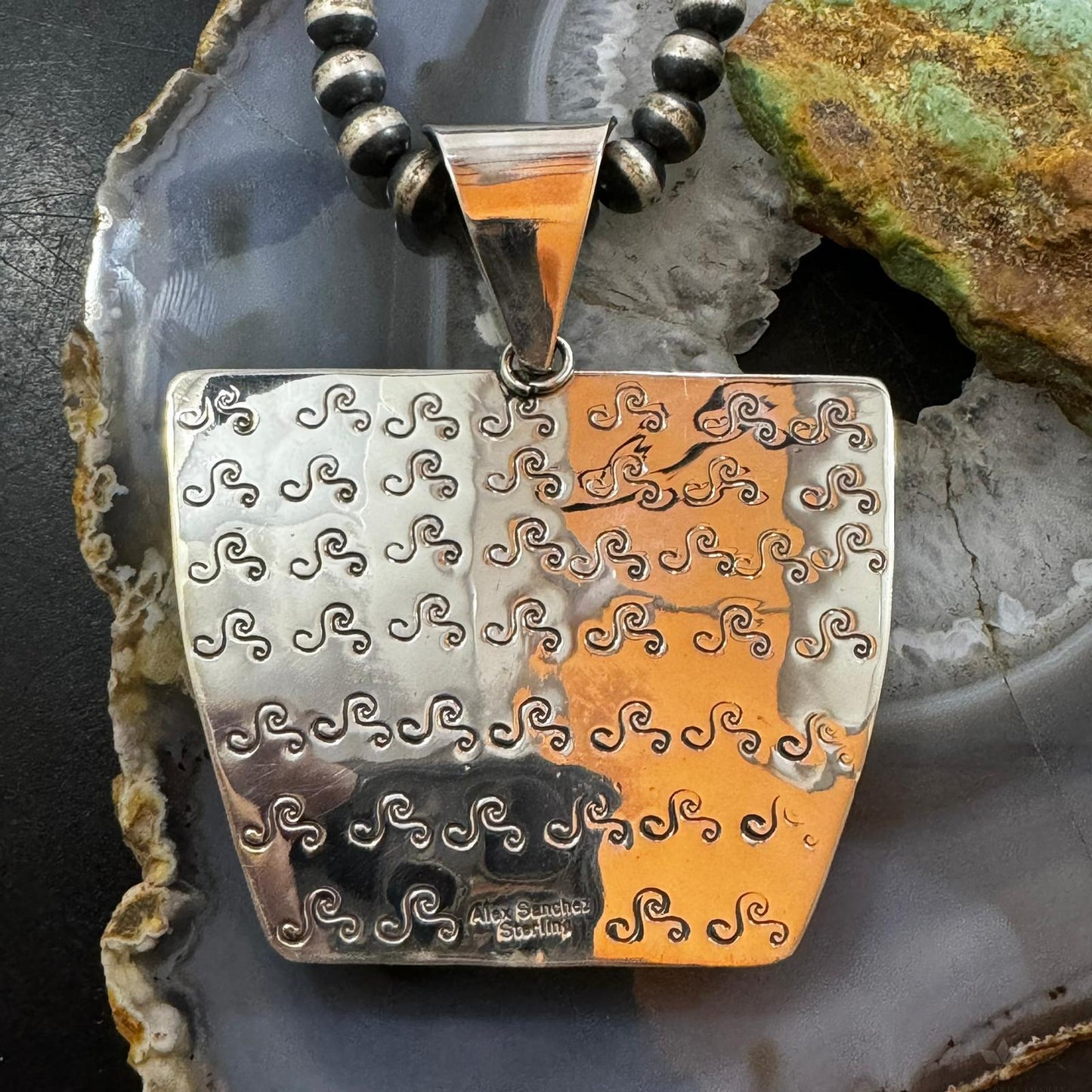 Alex Sanchez Native American Sterling Silver Green Sediment Jasper Rectangle Petroglyph Unisex Pendant