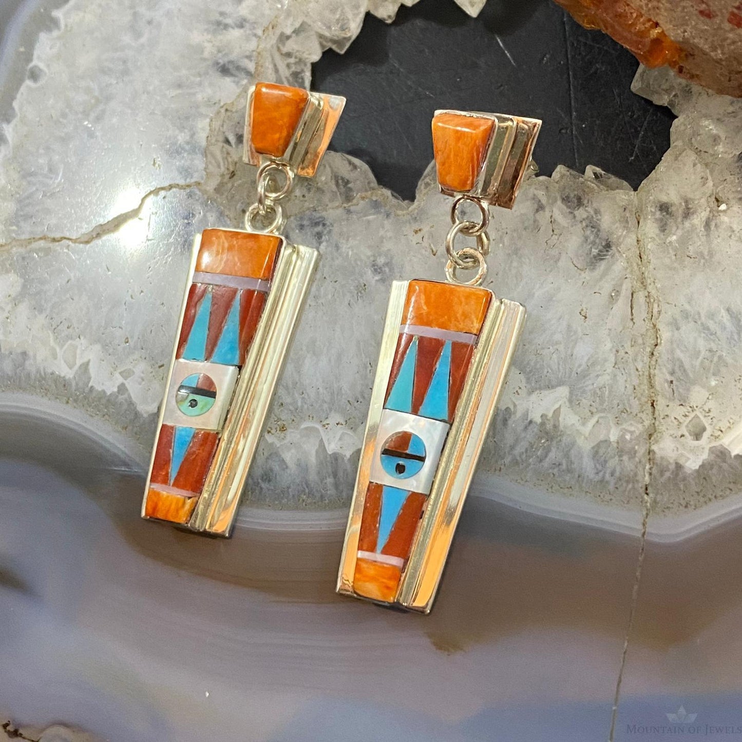 Raylan & Patty Edaakie Zuni Sterling Silver Multi Stone Inlay Dangle Earrings For Women #1