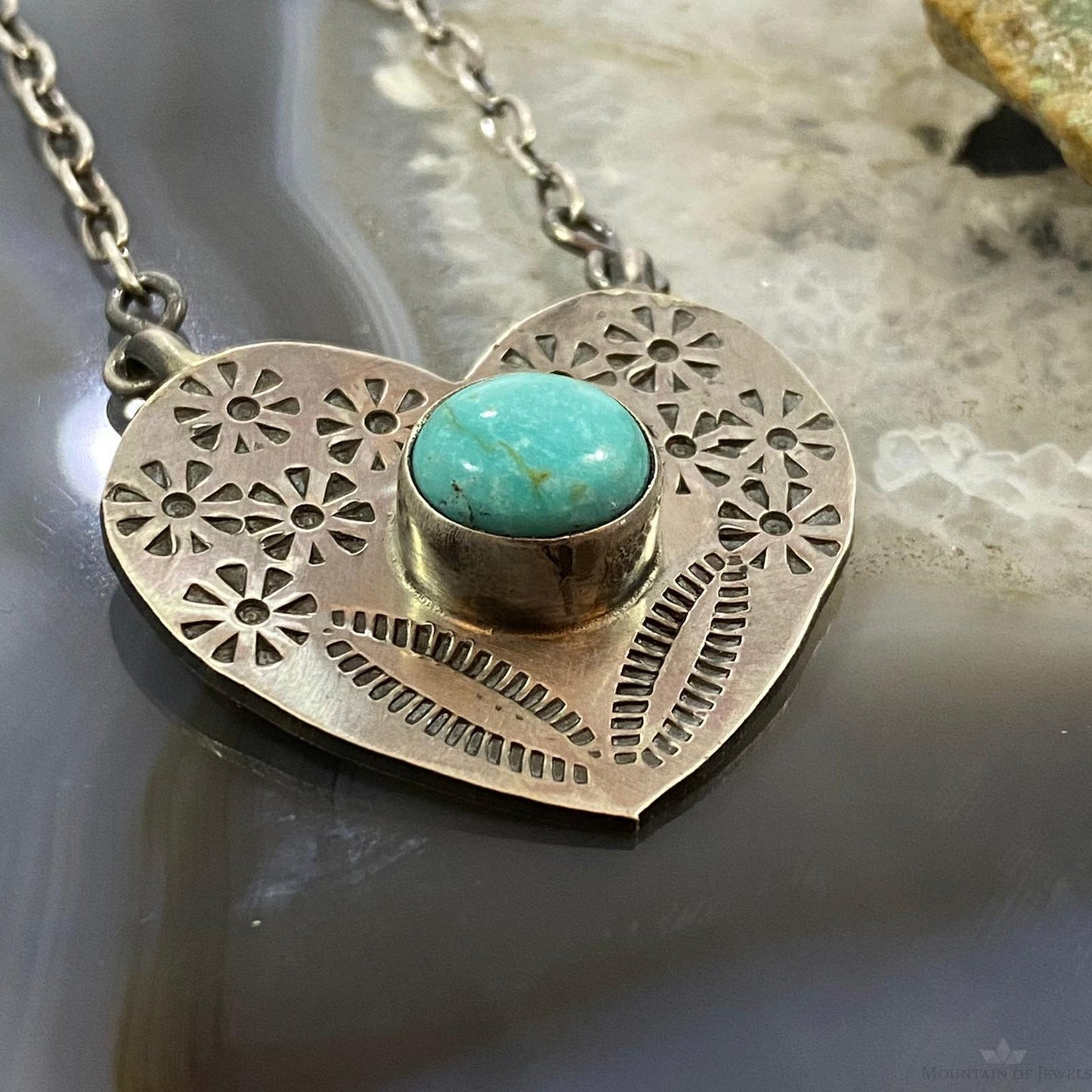 Marie Tsosie Native American Sterling Silver Oval Kingman Turquoise Stamped Heart Necklace For Women